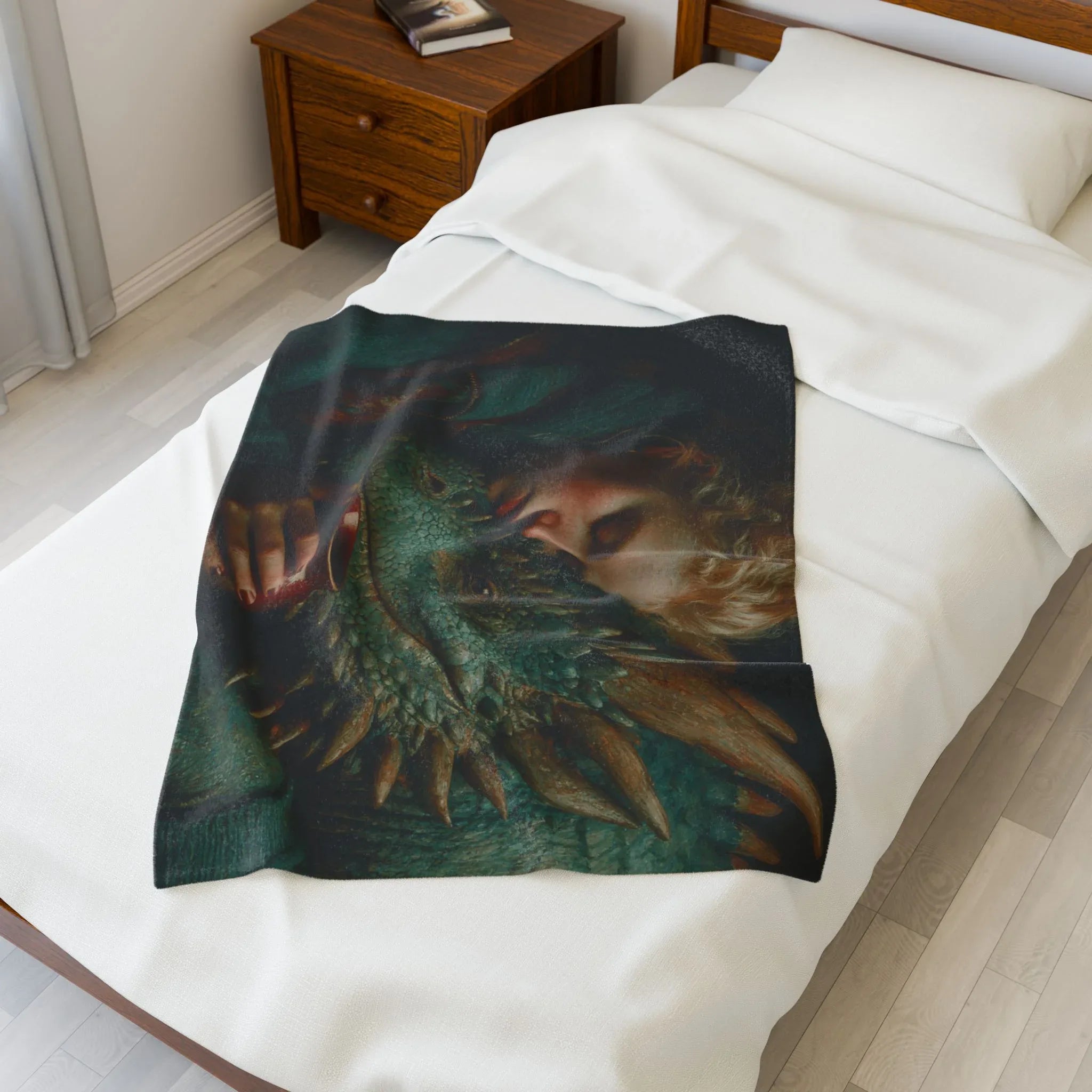 Woman Cuddling Dragon Velveteen Blanket | Fantasy Art Plush Throw - 250 USA Celebration