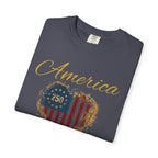 America 250 T-shirt | Patriotic Script, Red and Blue Text