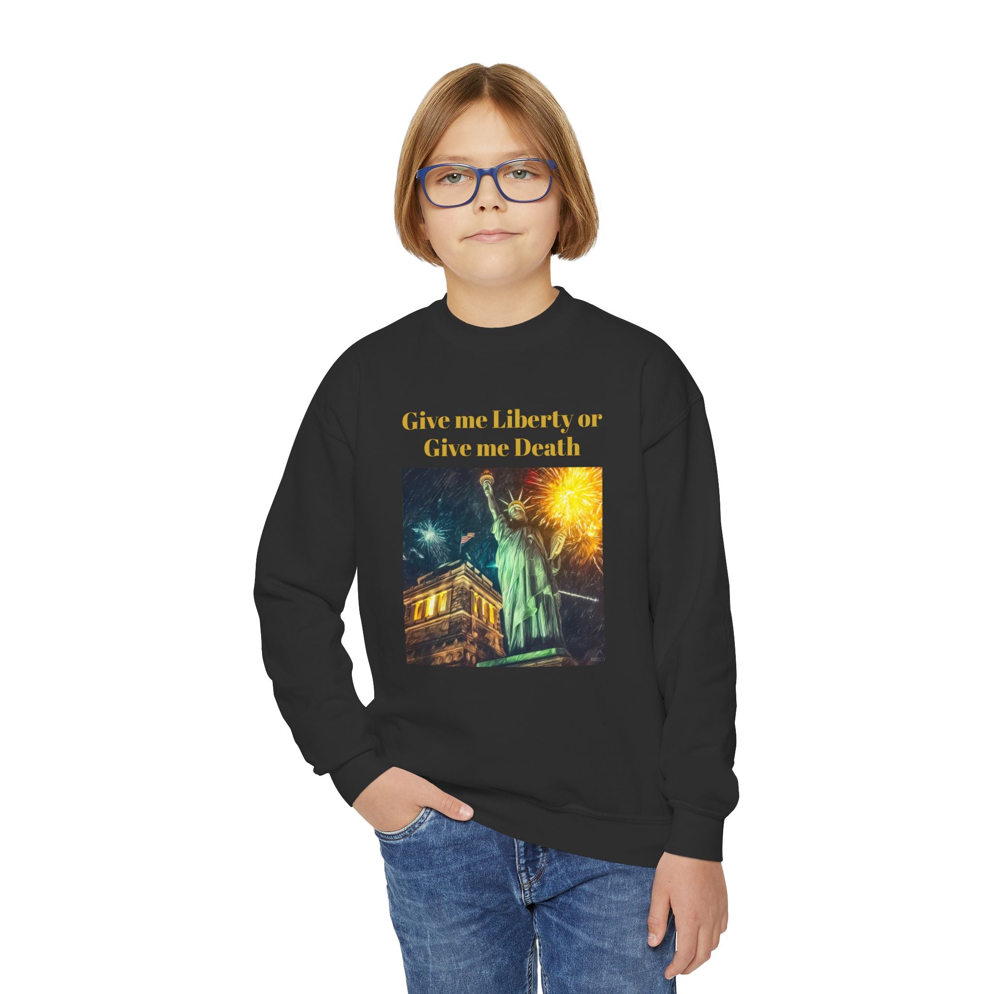 Liberty or Death Crewneck Sweatshirt — Statue of Liberty Fireworks Graphic