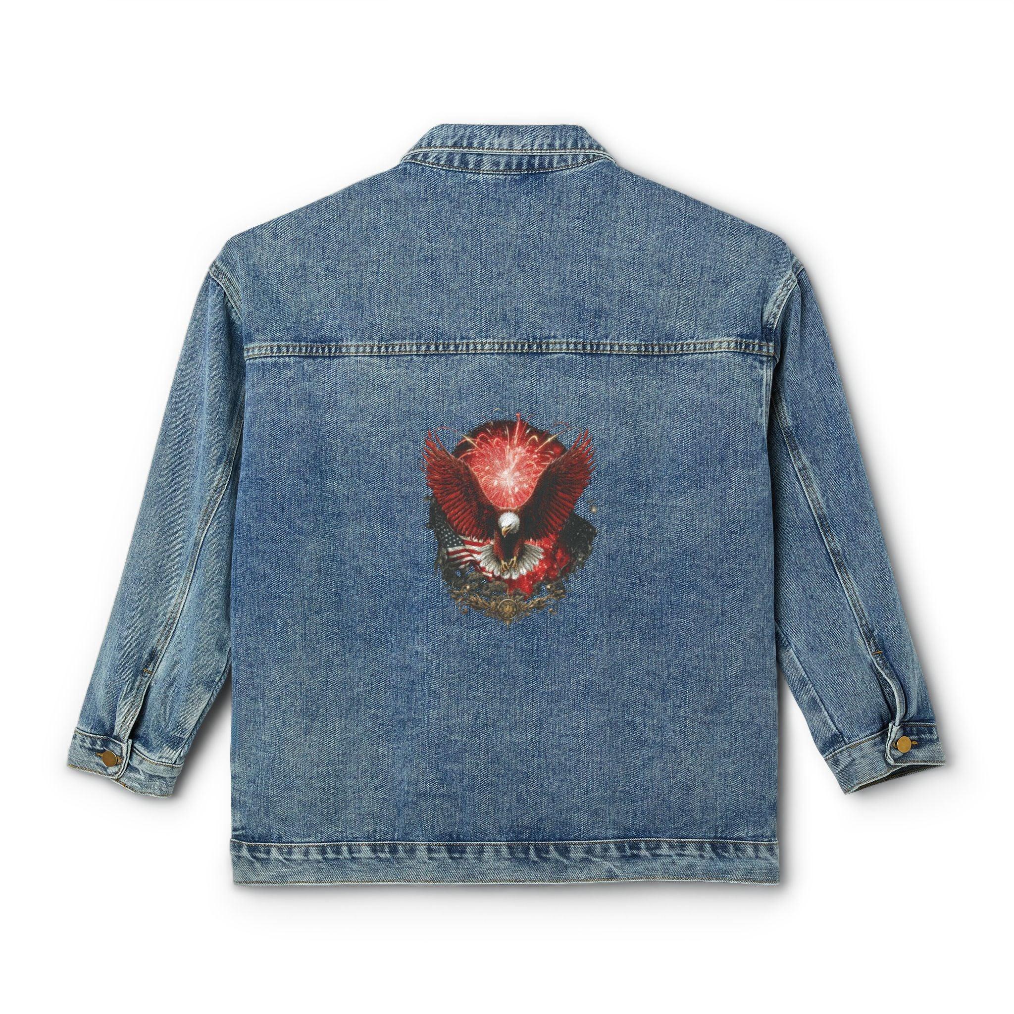 Red Floral Skull illustration denim jacket | Denim Jacket - 250 USA Celebration