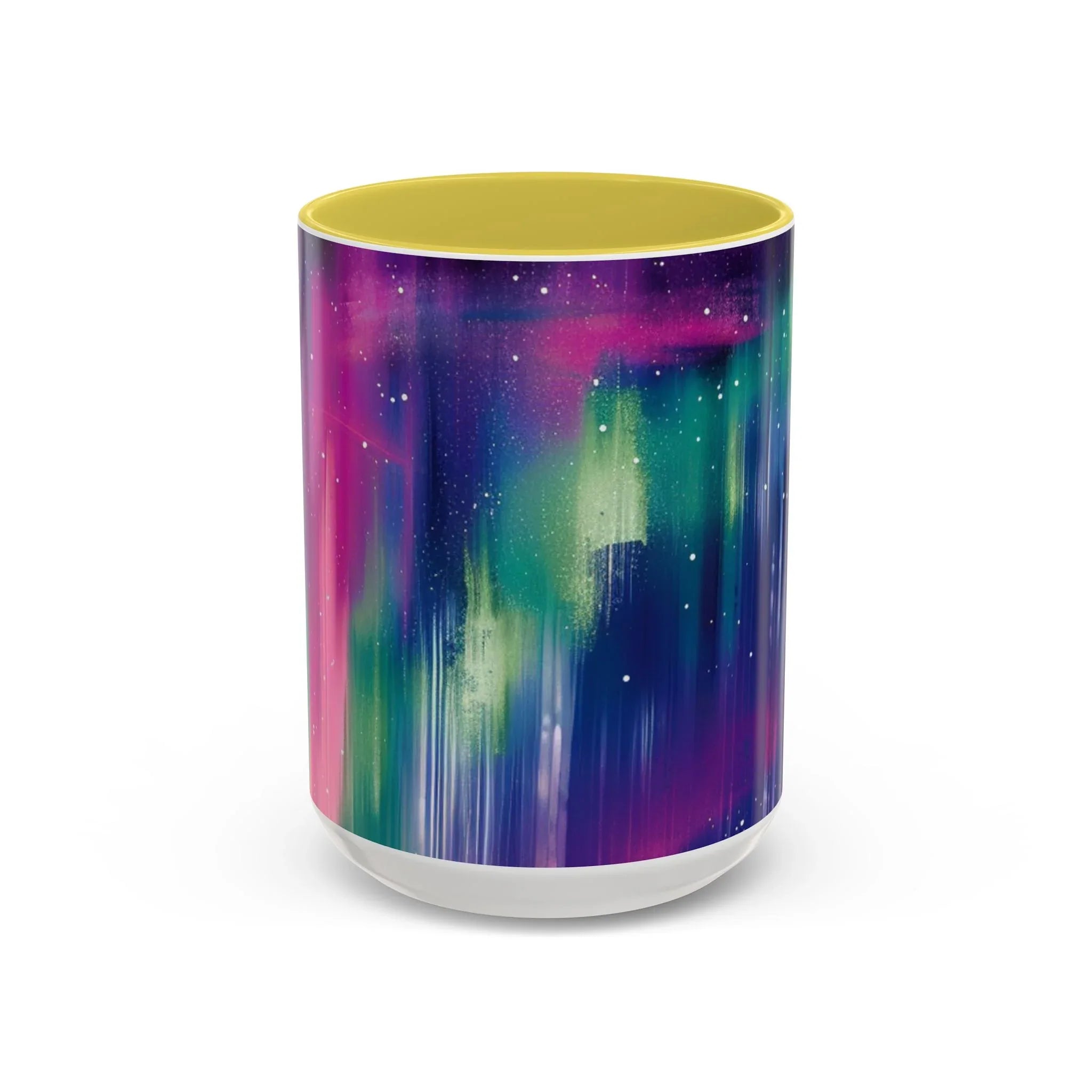 Colorful Mugs (11oz, 15oz), aurora borealis coffee cup design, northern lights starry silhouettes coffee cup - 250 USA Celebration