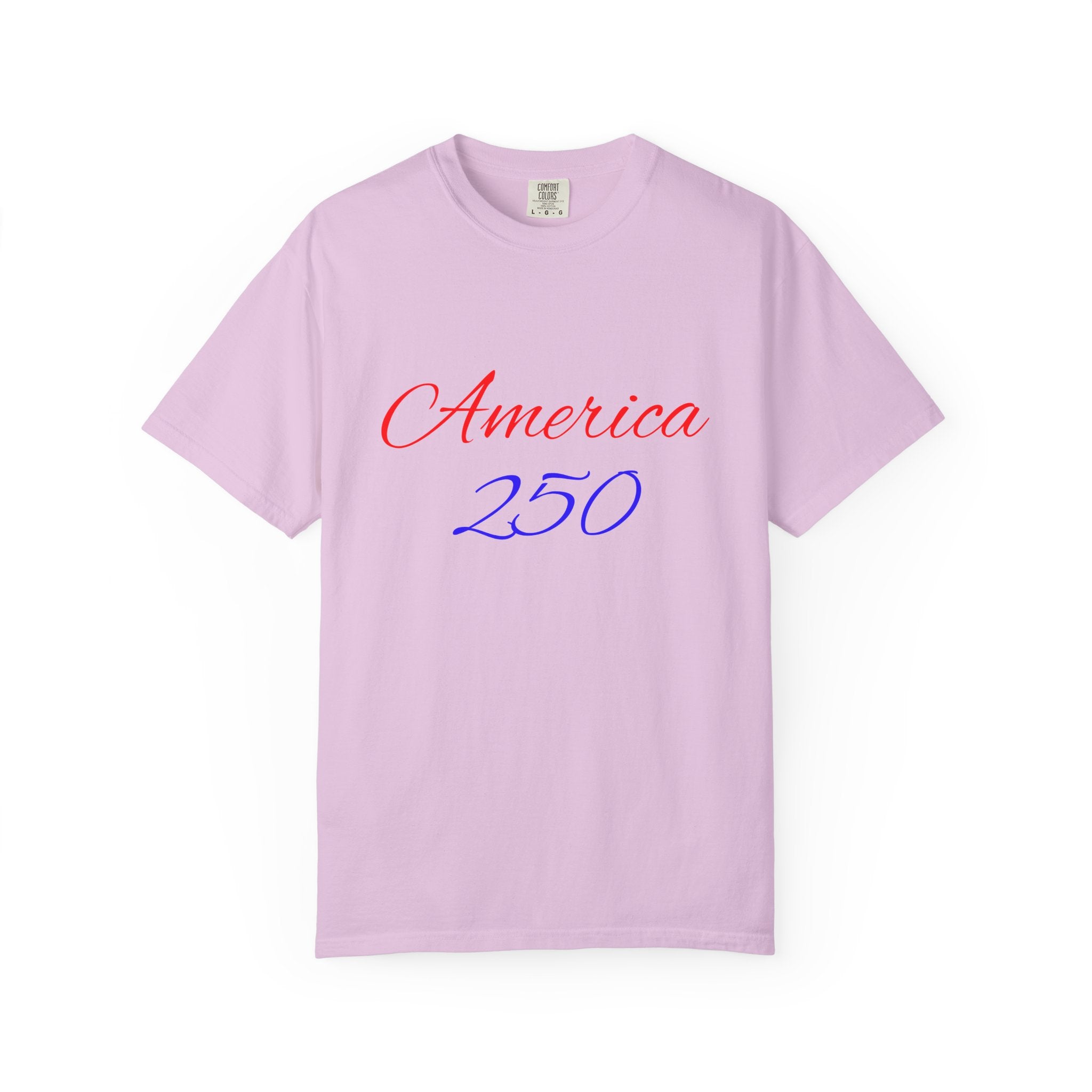 America 250 T-shirt | Patriotic Script, Red and Blue Text