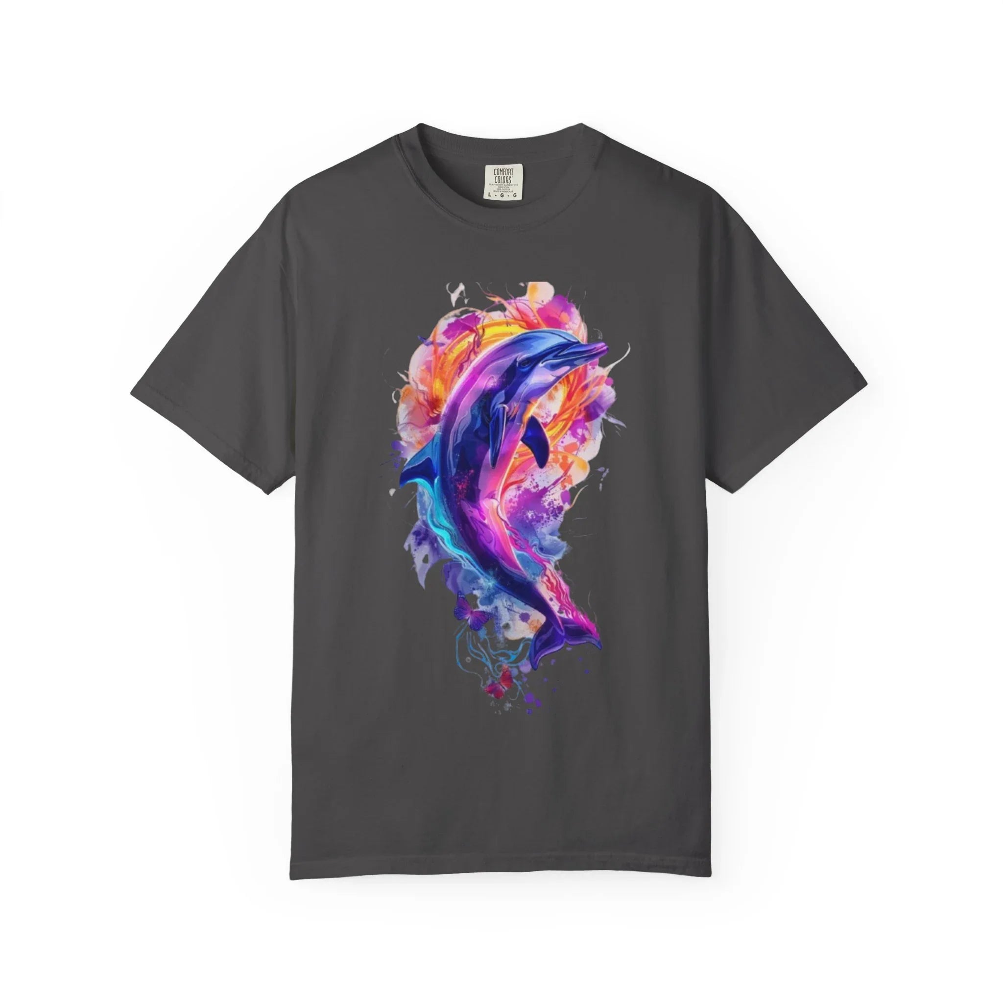 Colorful Watercolor Dolphin T-shirt | Vibrant Ocean Dolphin Tee Chrome Y2K Fantasy Dolphins & Butterflies T-Shirt | Airbrushed Liquid Metal - 250 USA Celebration