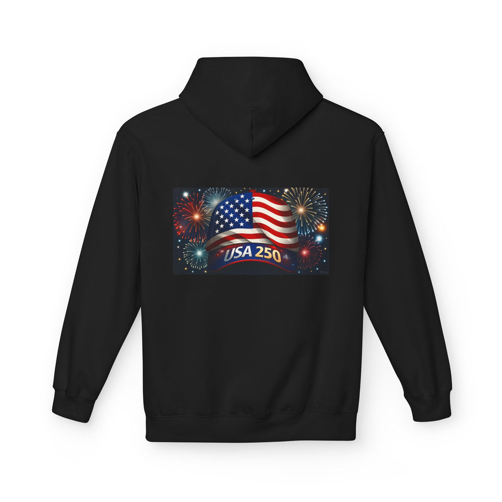 USA 250 Patriotic Hoodie with American Flag & Fireworks