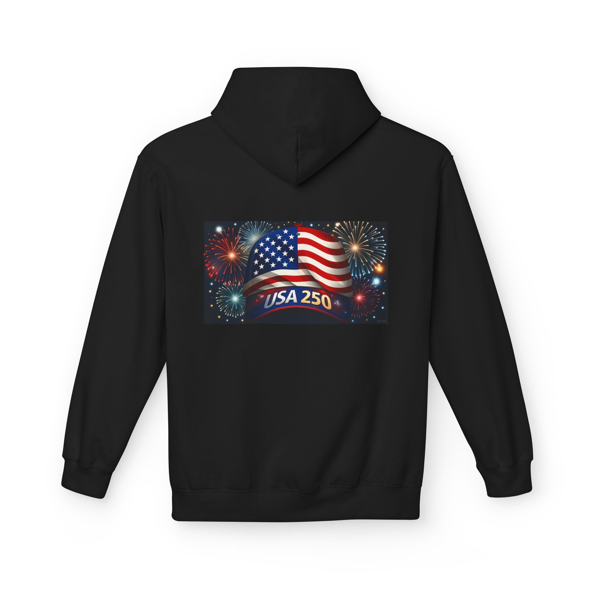USA 250 Patriotic Hoodie with American Flag & Fireworks