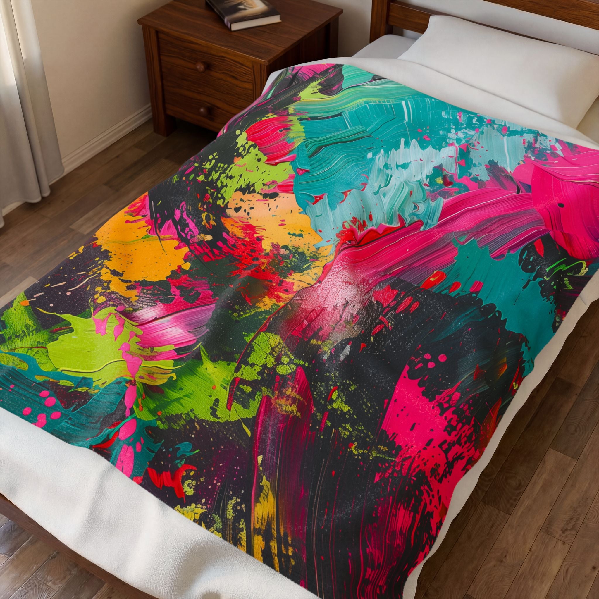 Abstract Neon Brushstroke Velveteen Plush Blanket — Vibrant Colorful Throw for Home, Dorm & Gifts