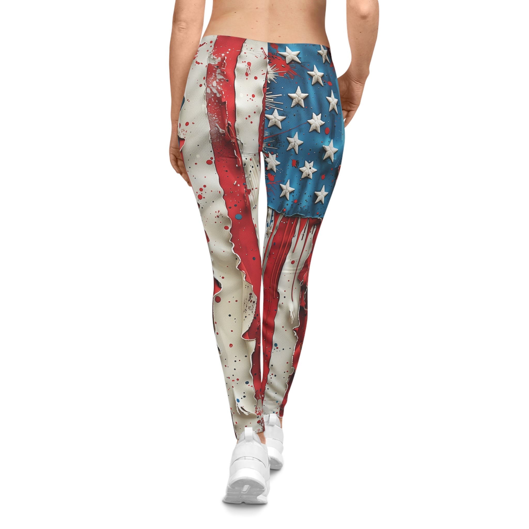 American Flag Paint-Drip Leggings — Patriotic Stars & Stripes Activewear