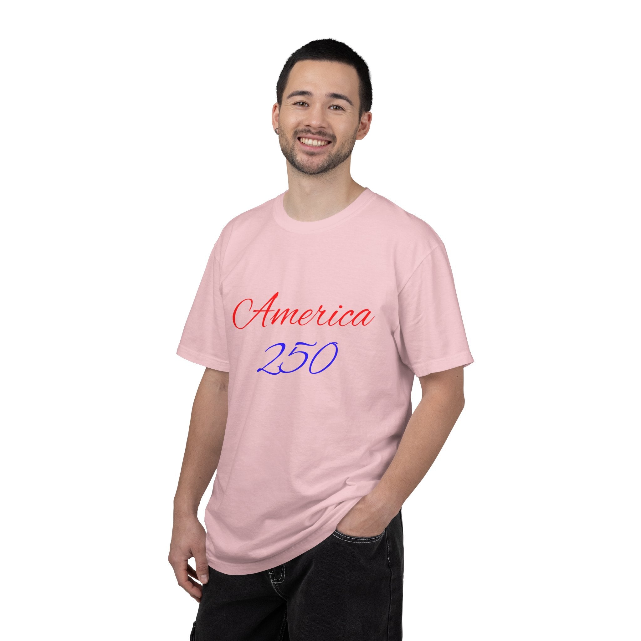 America 250 T-shirt | Patriotic Script, Red and Blue Text