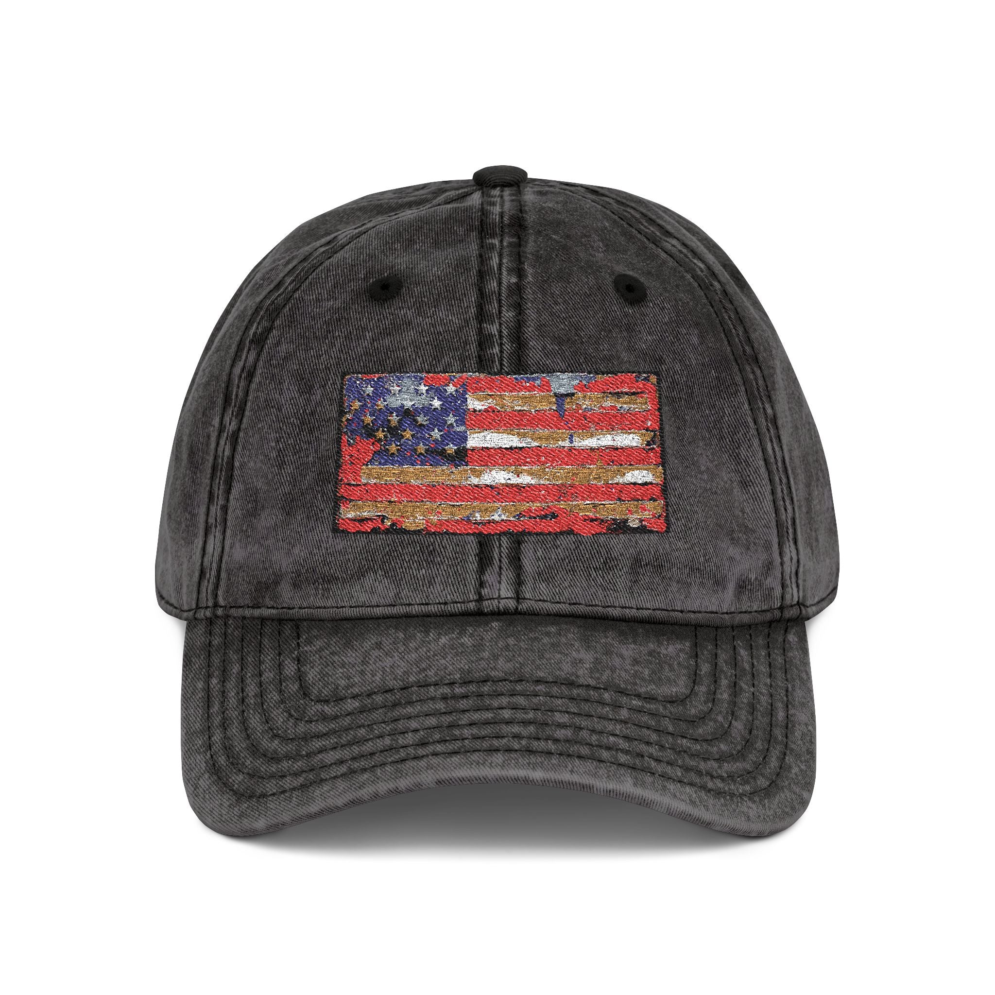 Vintage Embroidered American Flag Cap — Distressed Red Baseball Hat