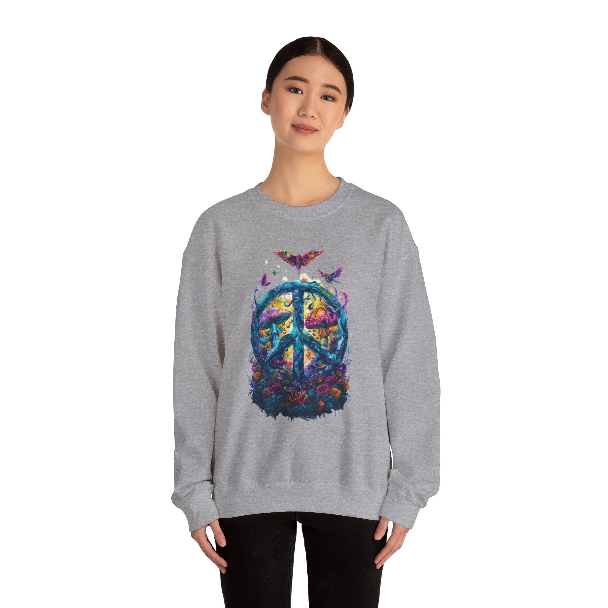 Psychedelic Mushroom Peace Sign Crewneck Sweatshirt | 60s Hippie Tie-Dye - 250 USA Celebration