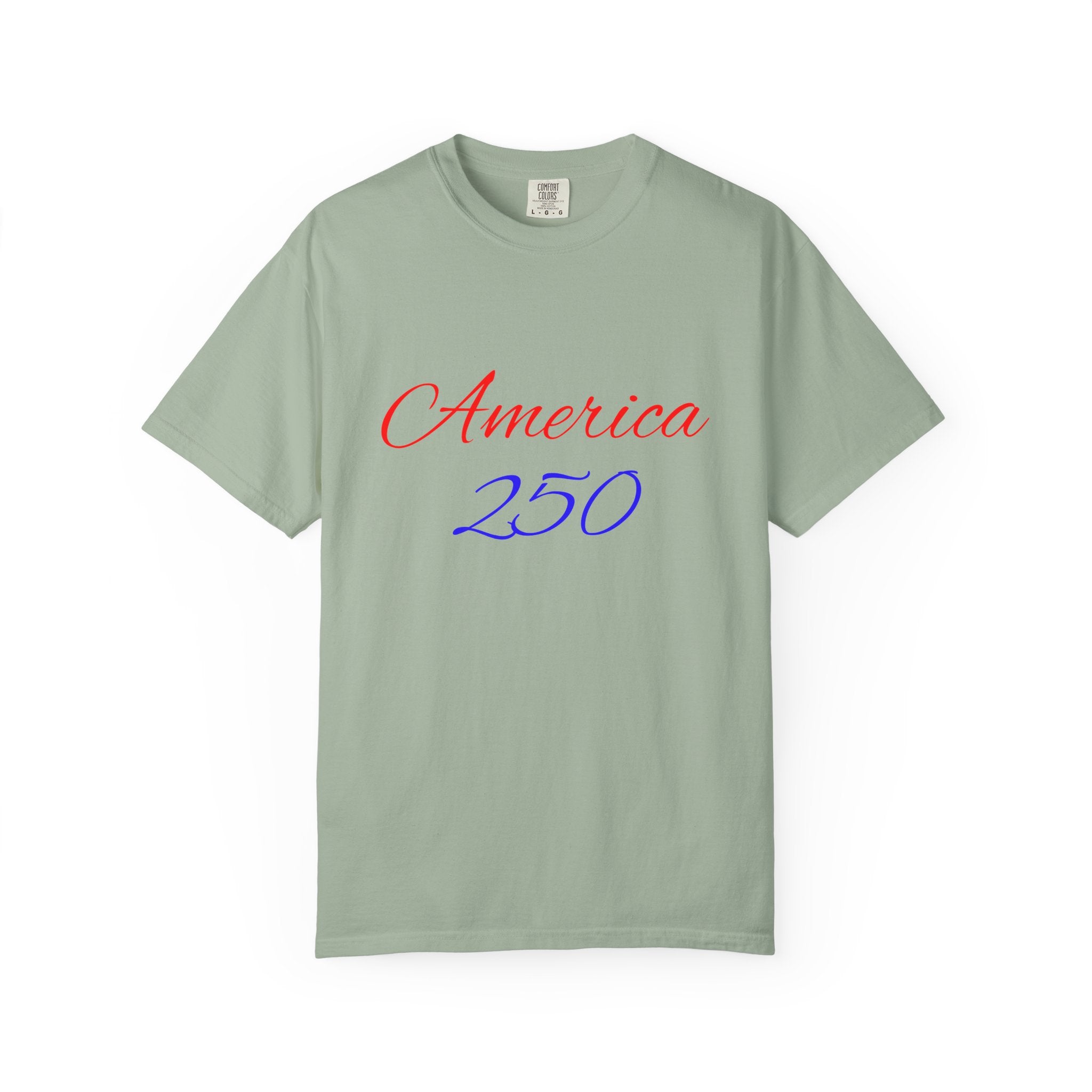 America 250 T-shirt | Patriotic Script, Red and Blue Text