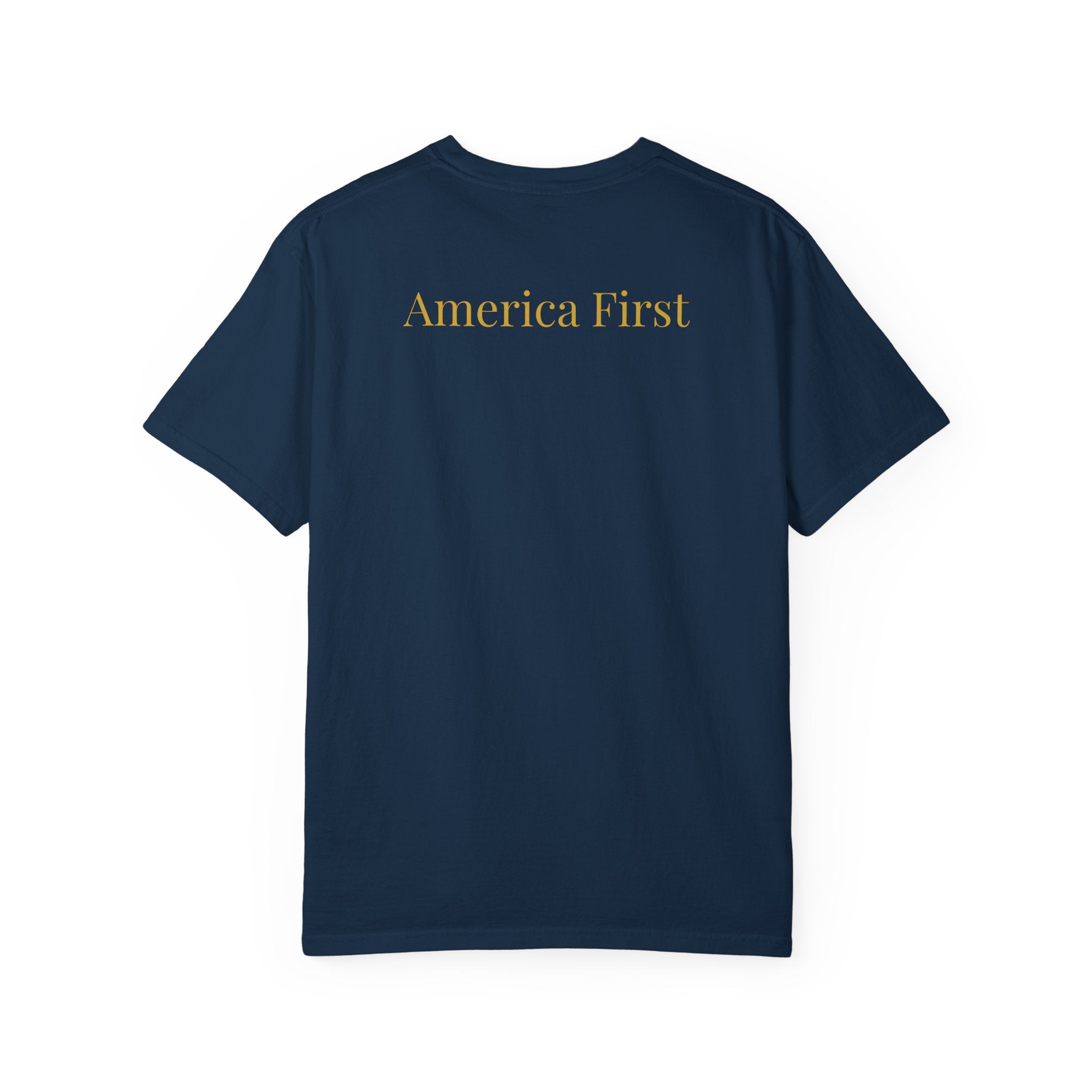 Patriotic T-Shirt — "Rouge, Valor, Victory" American Flag Graphic, "America First" Back Text