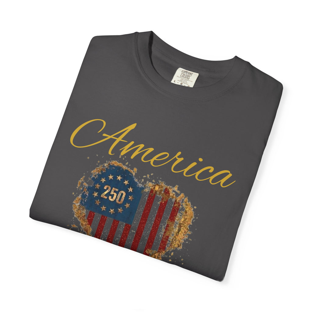 America 250 T-shirt | Patriotic Script, Red and Blue Text