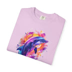 Colorful Watercolor Dolphin T-shirt | Vibrant Ocean Dolphin Tee Chrome Y2K Fantasy Dolphins & Butterflies T-Shirt | Airbrushed Liquid Metal - 250 USA Celebration