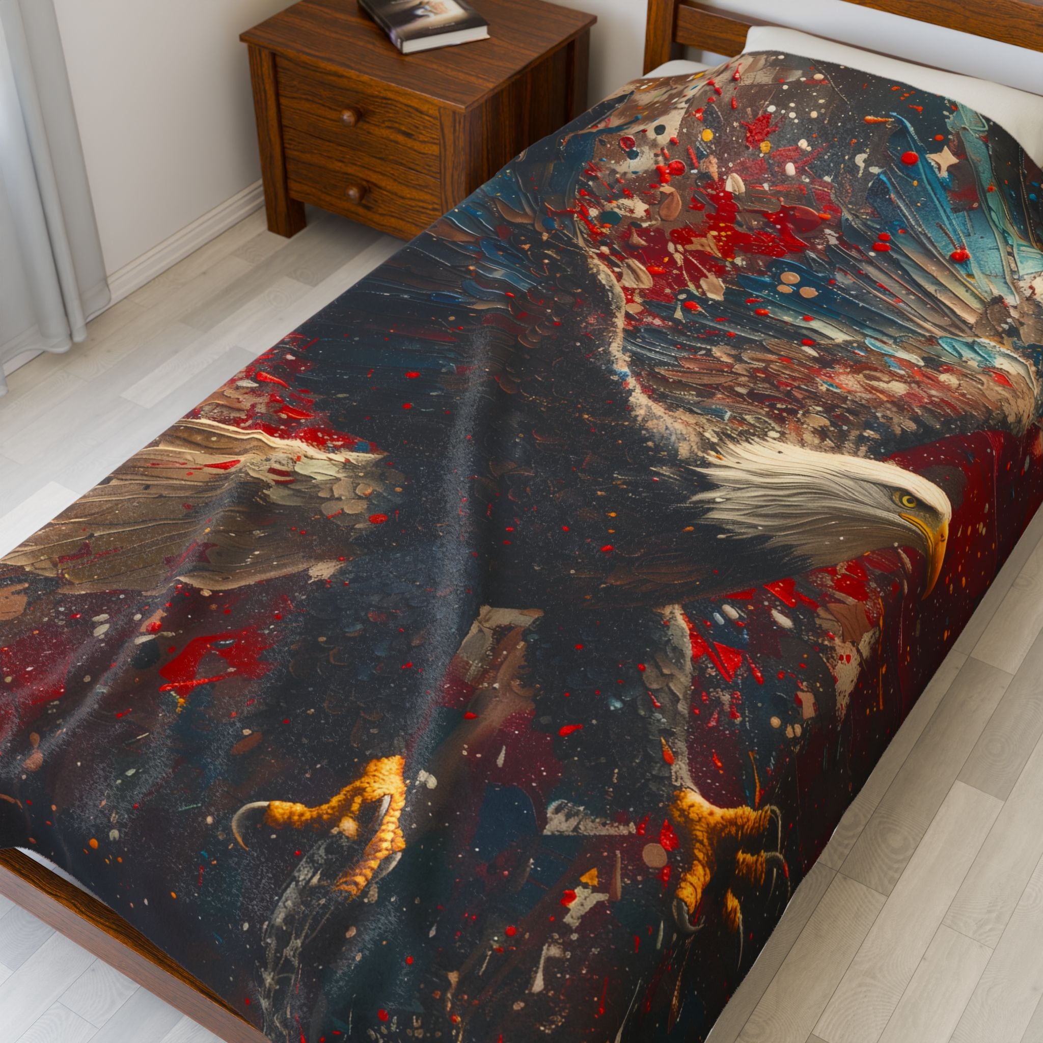 Patriotic Eagle Artwork Velveteen Plush Blanket | Flying Bald Eagle Illustration