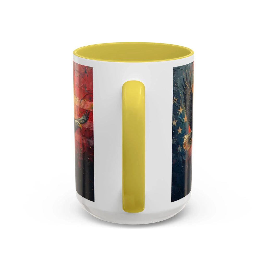 Colorful Mugs (11oz, 15oz) American Eagle Flying Coffee Cup, Patriotic American Eagle flying with American Flag in background - 250 USA Celebration