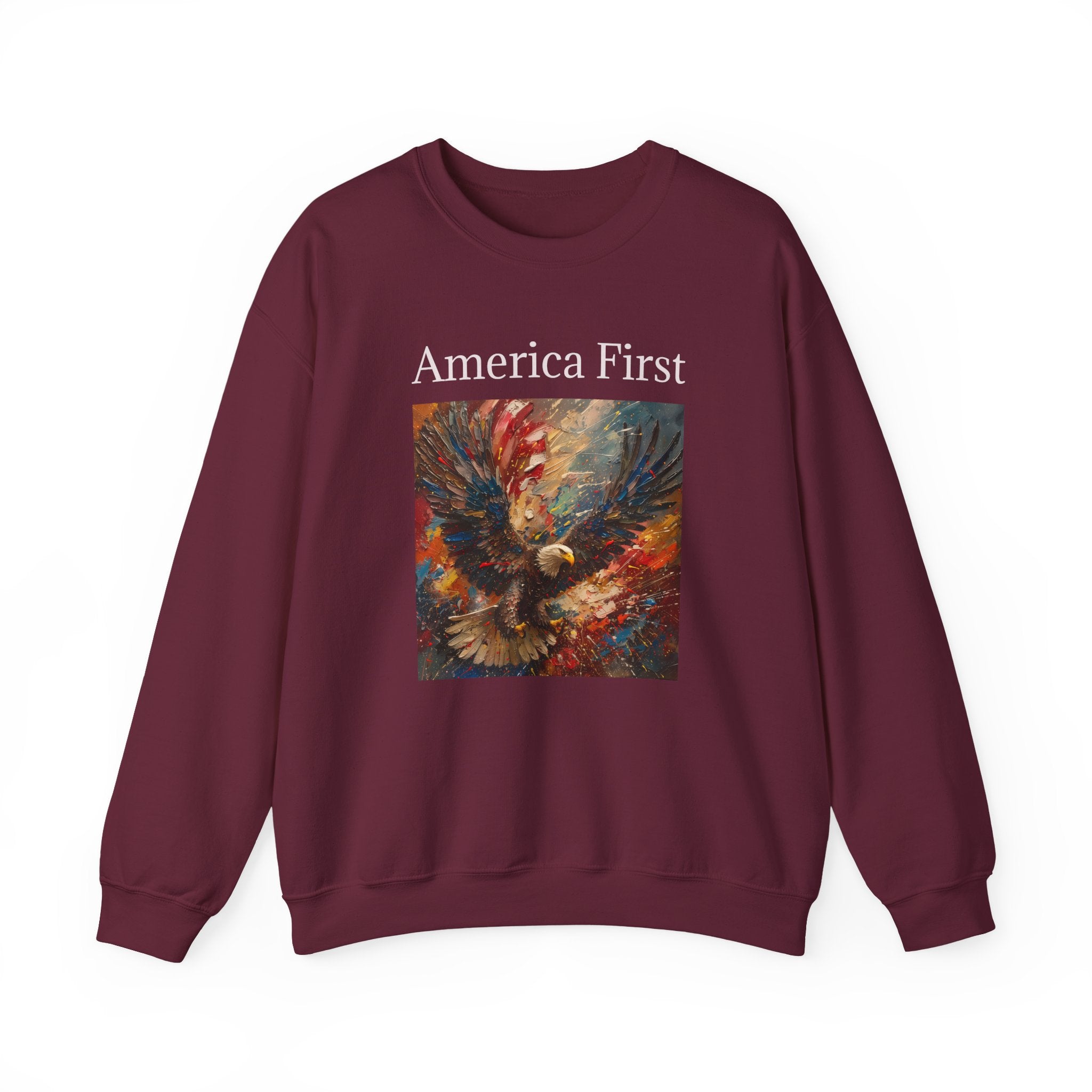 Patriotic Sweatshirt, American Eagle with America First Headline, USA Pullover Jumper, Fourth of July Gift, Political Statement Top, Unisex