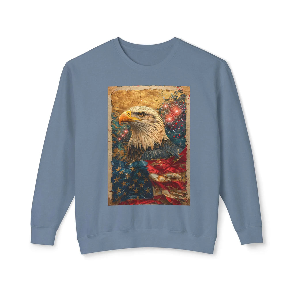 Triumphant Bald Eagle clutching American Flag Sweatshirt | Patriotic Fireworks Outline - 250 USA Celebration