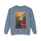 Triumphant Bald Eagle clutching American Flag Sweatshirt | Patriotic Fireworks Outline - 250 USA Celebration