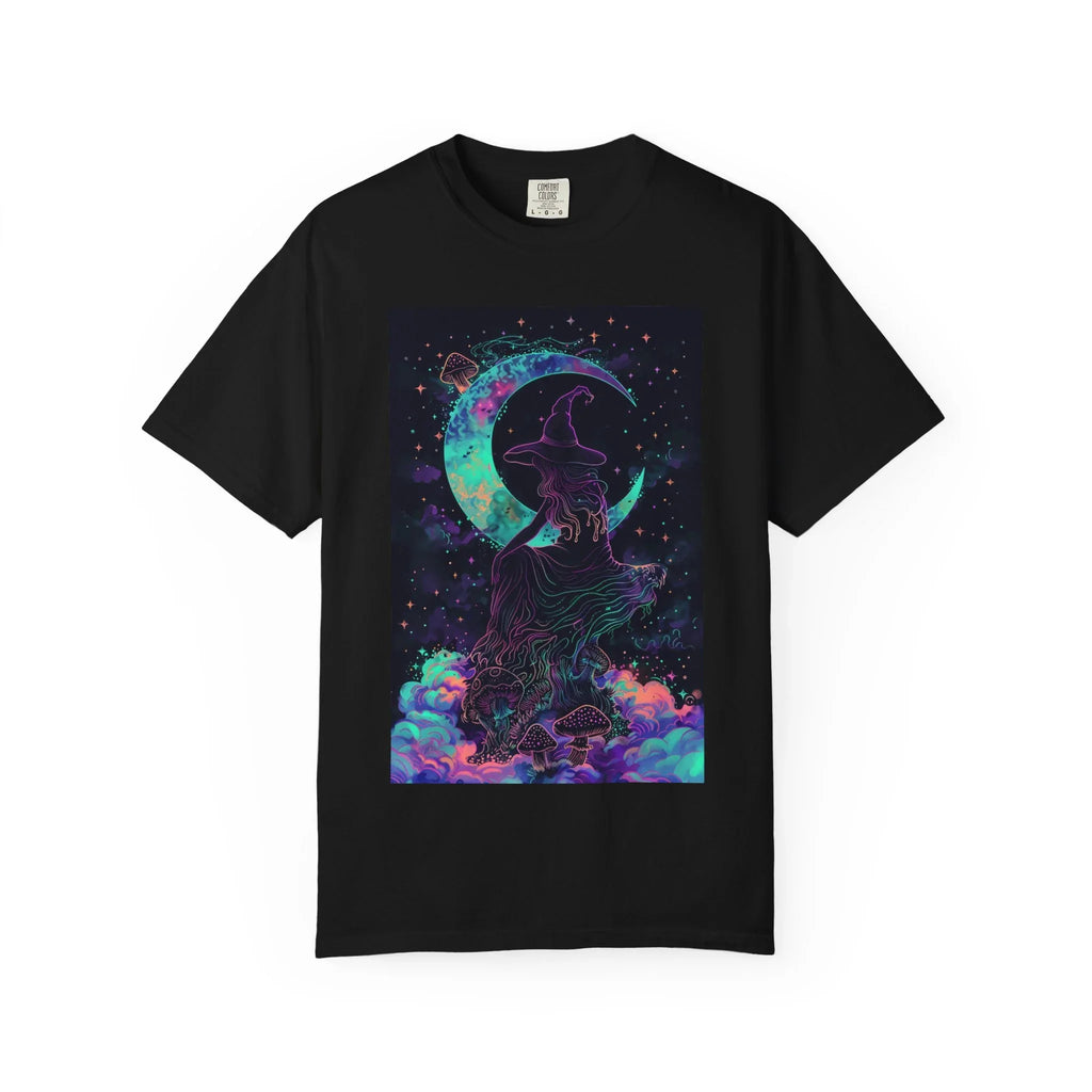 Mystical Crescent Moon Cat T-shirt | Neon Galaxy Witchy Night - 250 USA Celebration