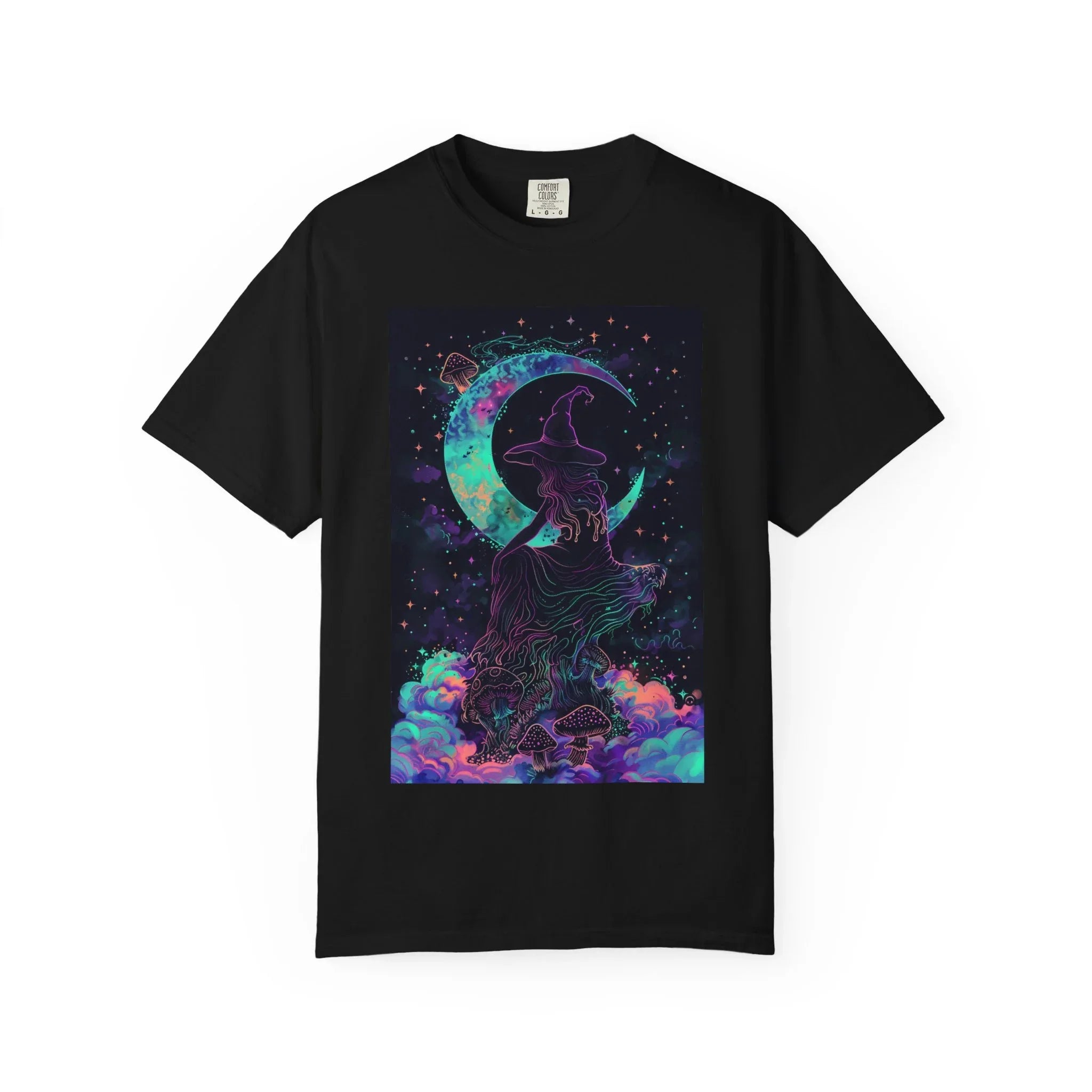 Mystical Crescent Moon Cat T-shirt | Neon Galaxy Witchy Night - 250 USA Celebration