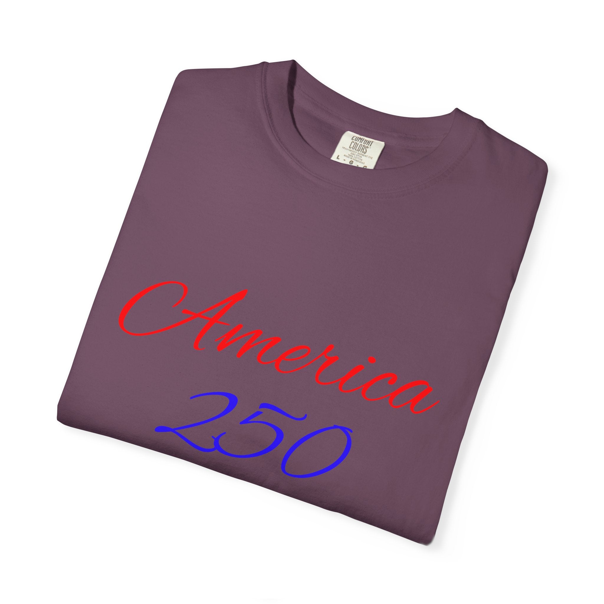 America 250 T-shirt | Patriotic Script, Red and Blue Text