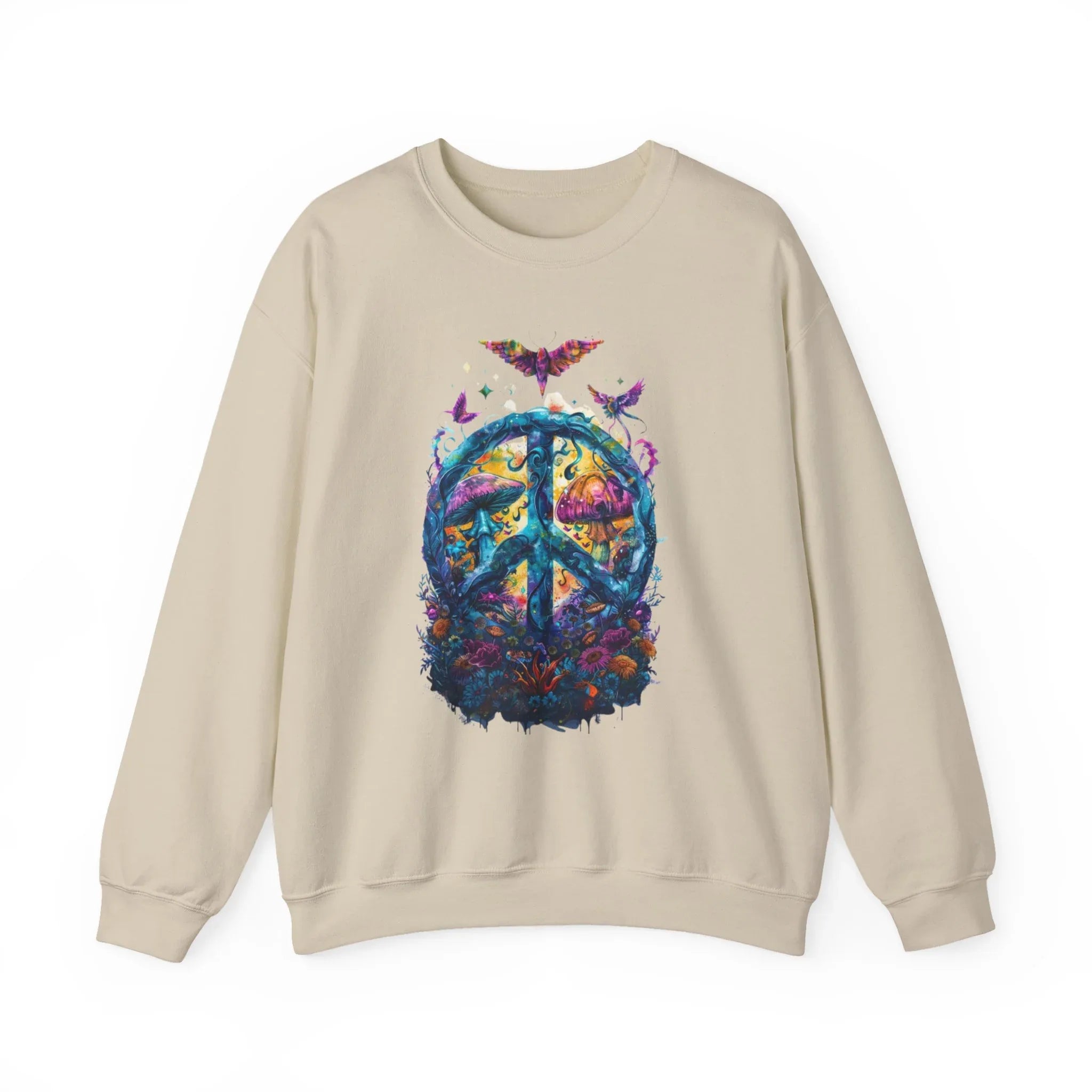 Psychedelic Mushroom Peace Sign Crewneck Sweatshirt | 60s Hippie Tie-Dye - 250 USA Celebration