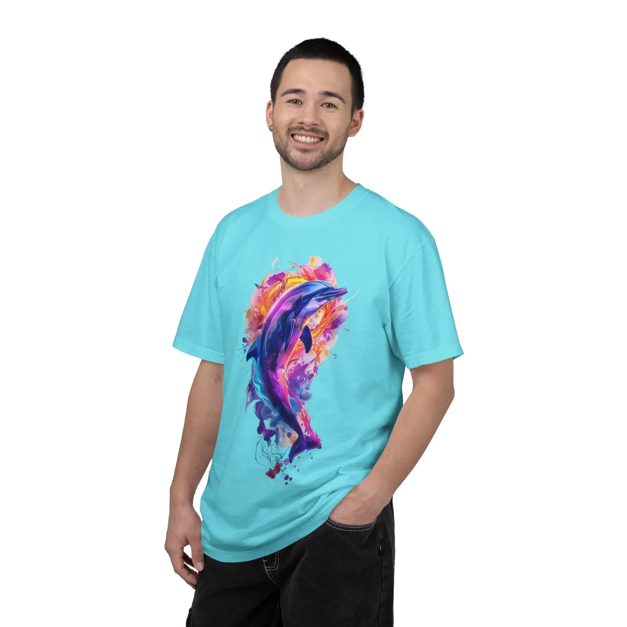 Colorful Watercolor Dolphin T-shirt | Vibrant Ocean Dolphin Tee Chrome Y2K Fantasy Dolphins & Butterflies T-Shirt | Airbrushed Liquid Metal - 250 USA Celebration