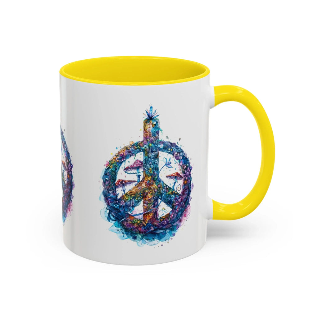 Psychedelic Mushroom Peace Sign Mug | Neon Tie-Dye Peace Script - 250 USA Celebration