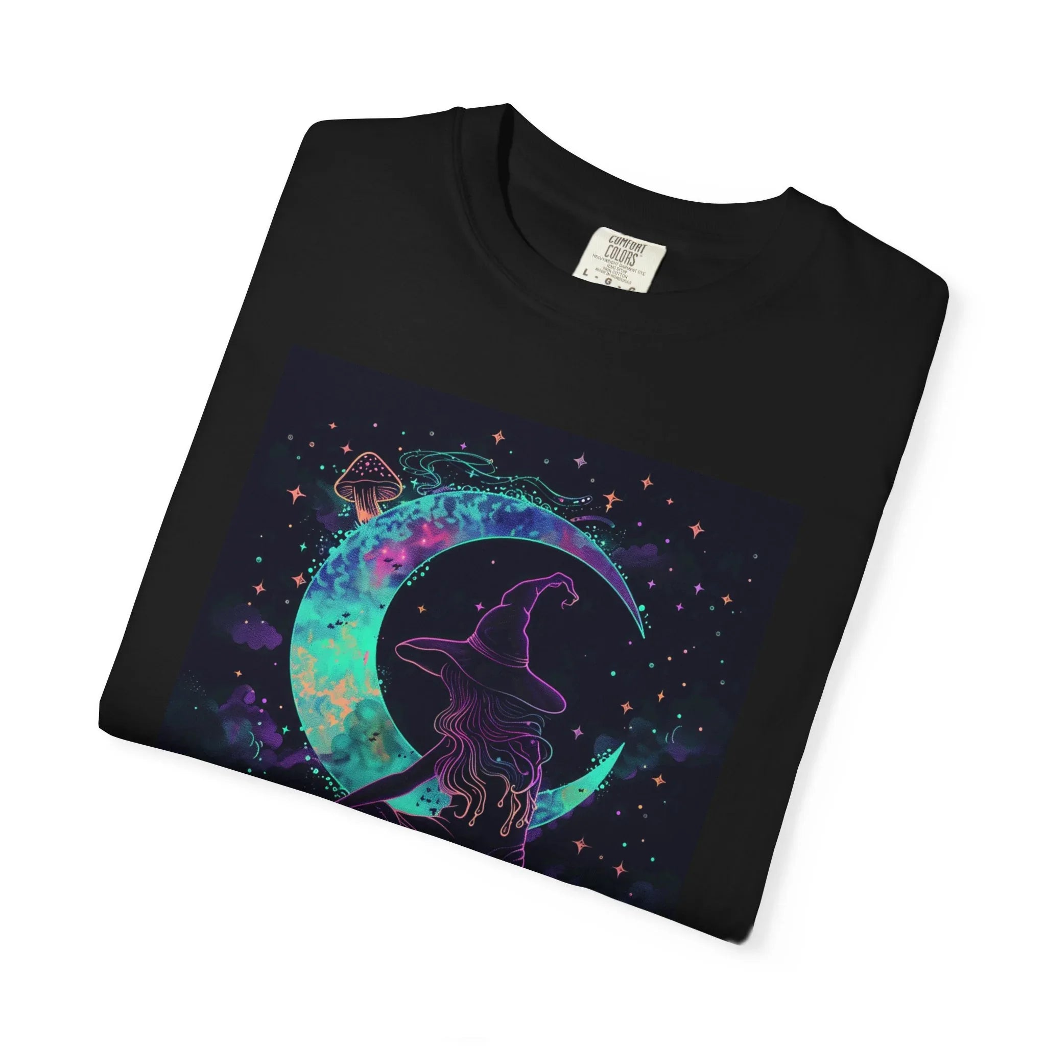 Mystical Crescent Moon Cat T-shirt | Neon Galaxy Witchy Night - 250 USA Celebration