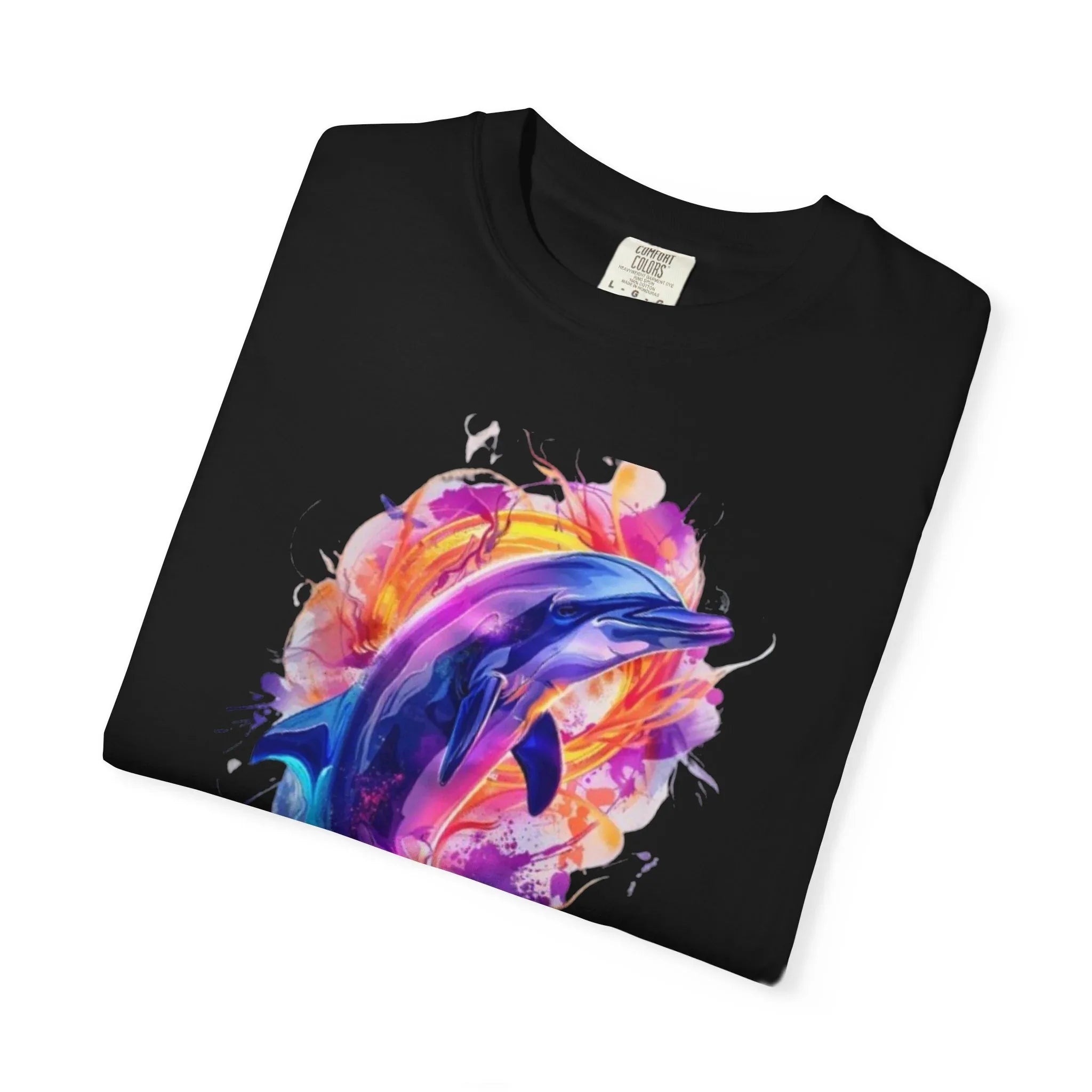 Colorful Watercolor Dolphin T-shirt | Vibrant Ocean Dolphin Tee Chrome Y2K Fantasy Dolphins & Butterflies T-Shirt | Airbrushed Liquid Metal - 250 USA Celebration
