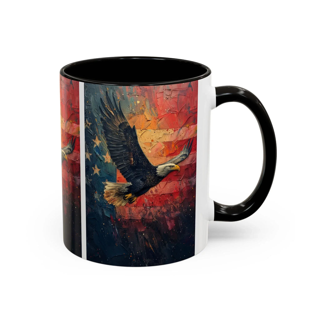 Colorful Mugs (11oz, 15oz) American Eagle Flying Coffee Cup, Patriotic American Eagle flying with American Flag in background - 250 USA Celebration