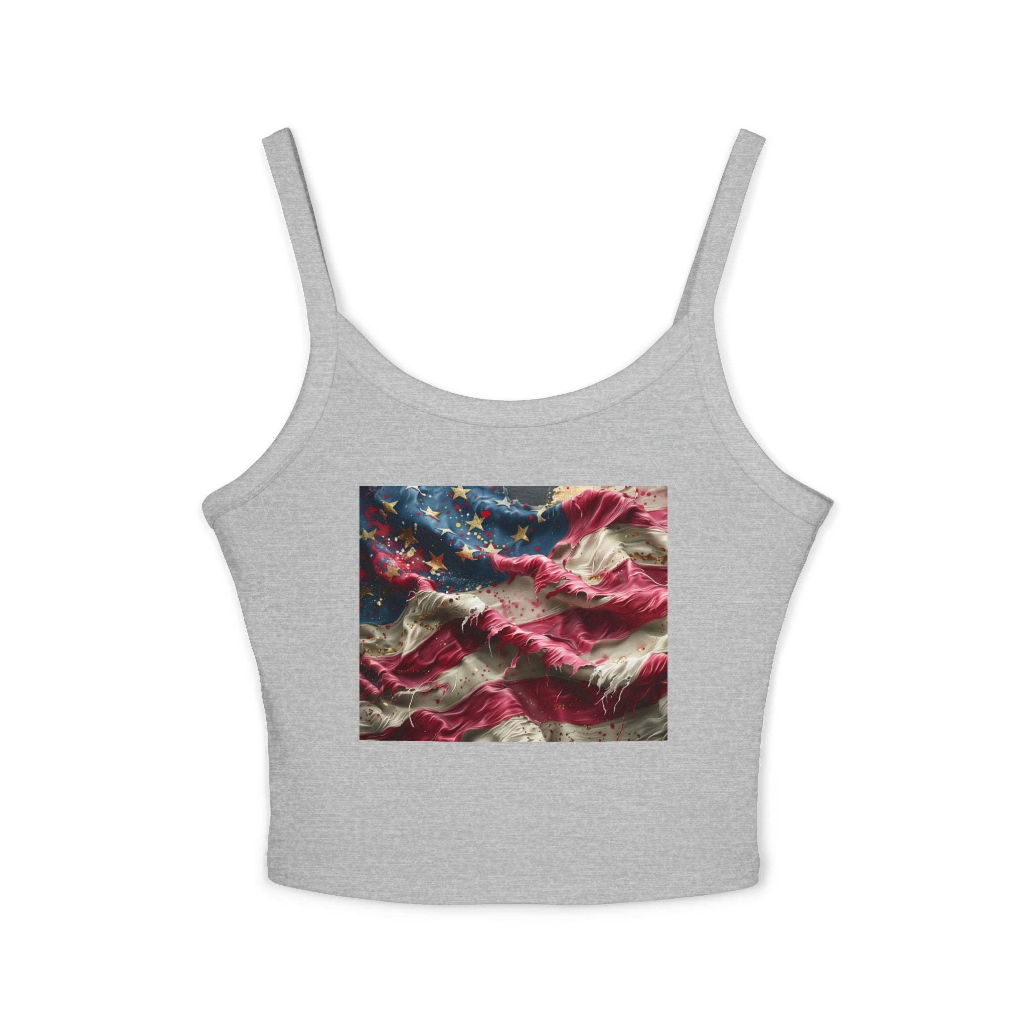 American Flag Ruffled Crop Tank Top – Patriotic Women's Spaghetti Strap Top