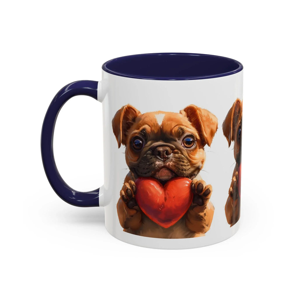 Cute French Bulldog Holding Red Heart Accent Coffee Mug | Puppy Cartoon Illustration - 250 USA Celebration