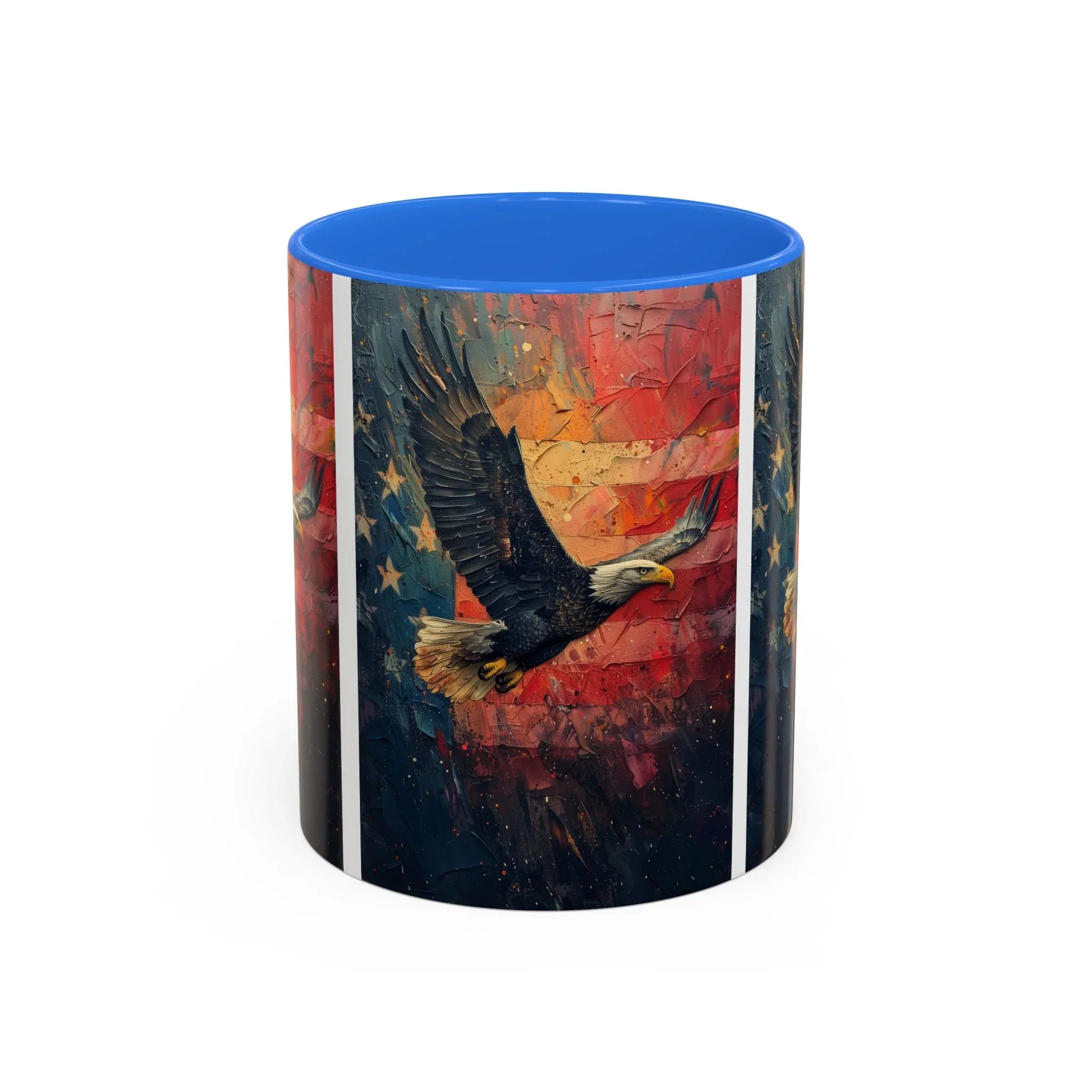 Colorful Mugs (11oz, 15oz) American Eagle Flying Coffee Cup, Patriotic American Eagle flying with American Flag in background - 250 USA Celebration