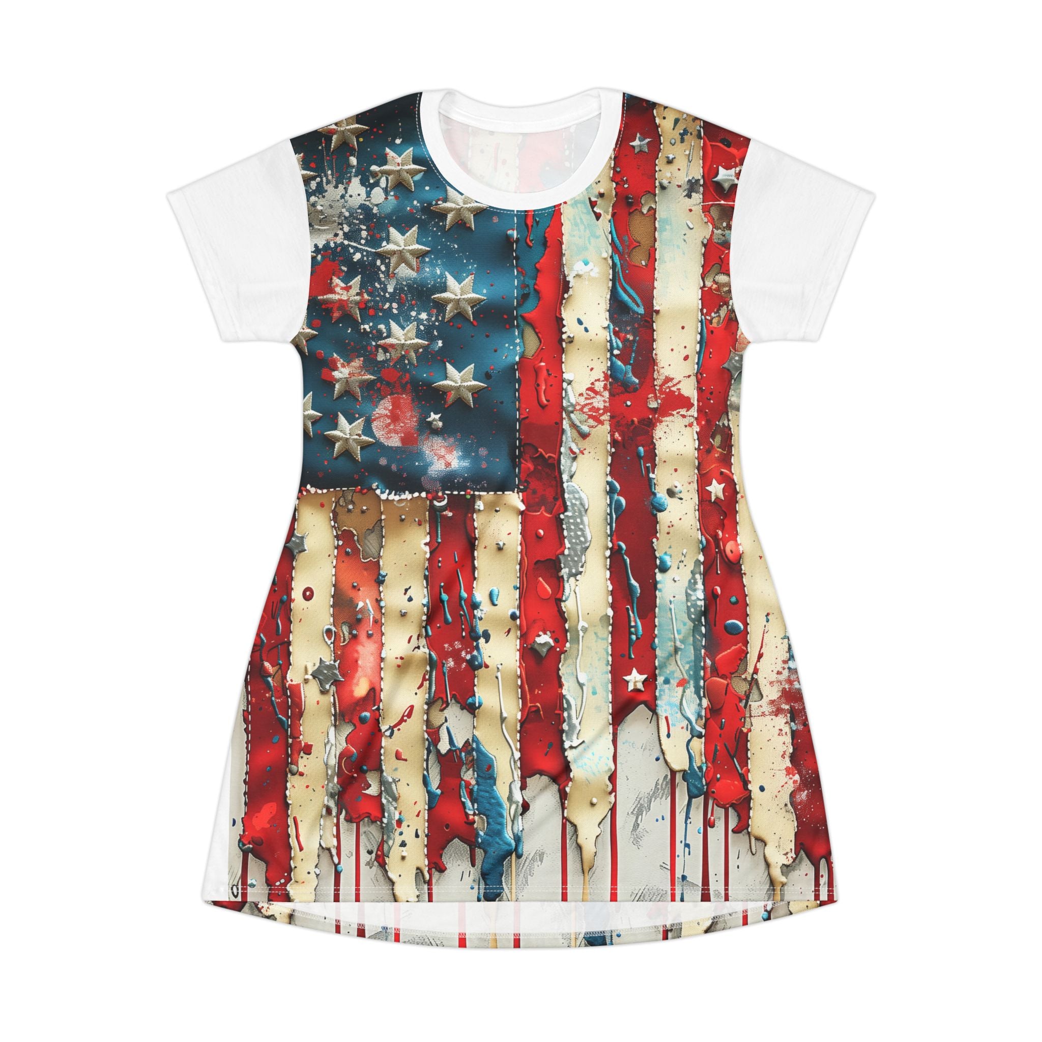 American Flag Drip T‑Shirt Dress — Distressed Patriotic Stars & Stripes