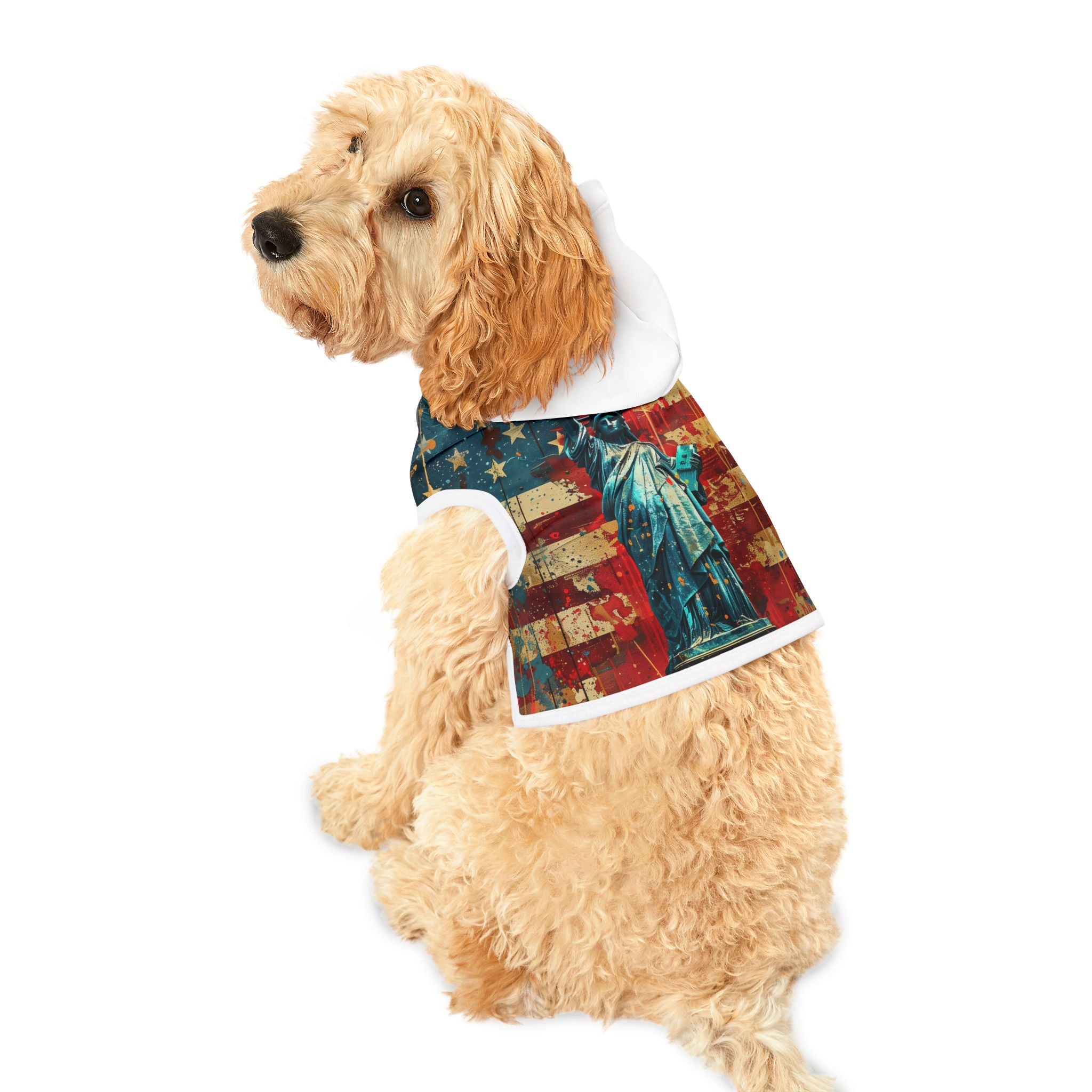 Patriotic Pet Hoodie – Vintage American Flag & Statue of Liberty Dog Hoodie
