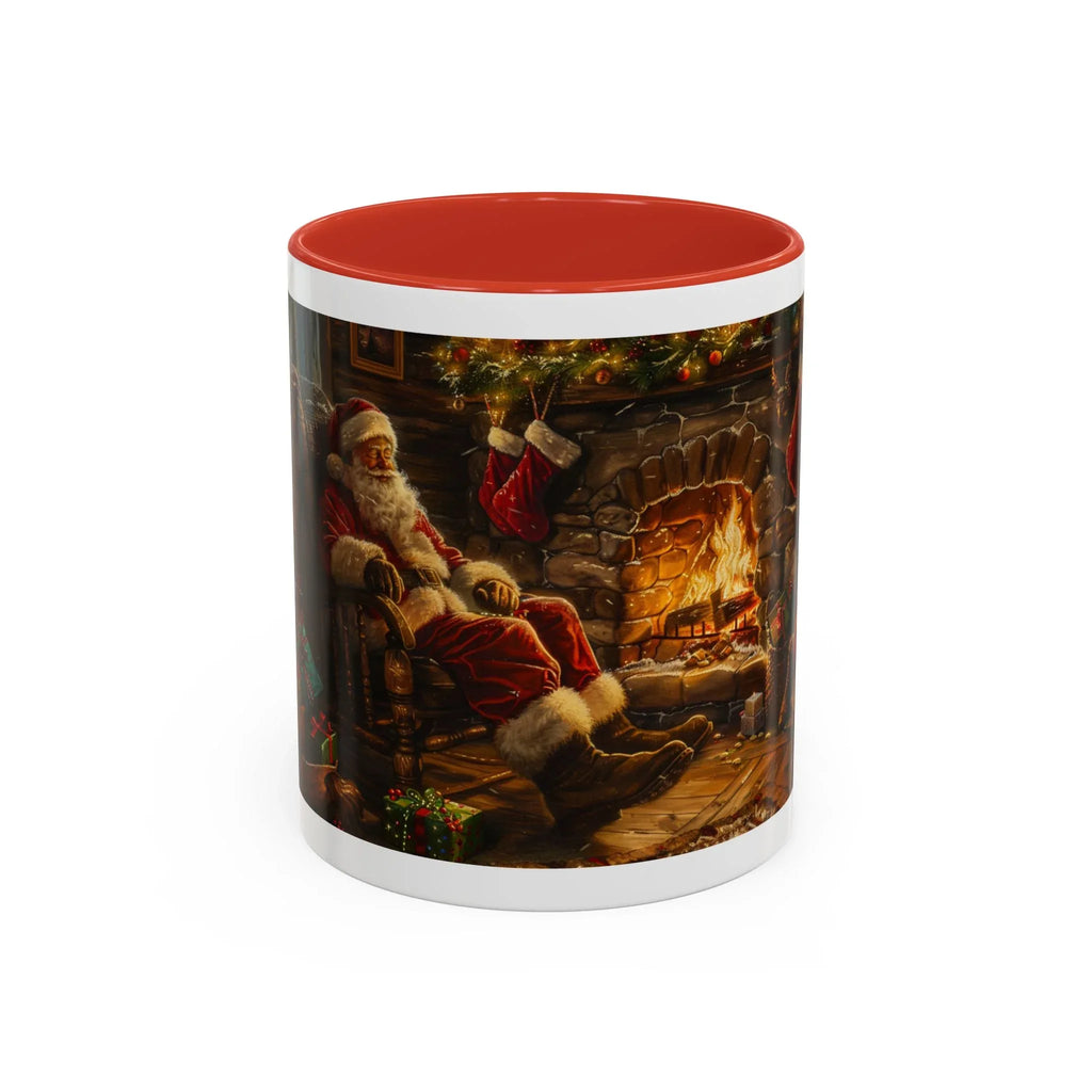 Santa Claus Fireplace Scene Accent Coffee Mug | Storybook Illustration, Rustic Cabin - 250 USA Celebration