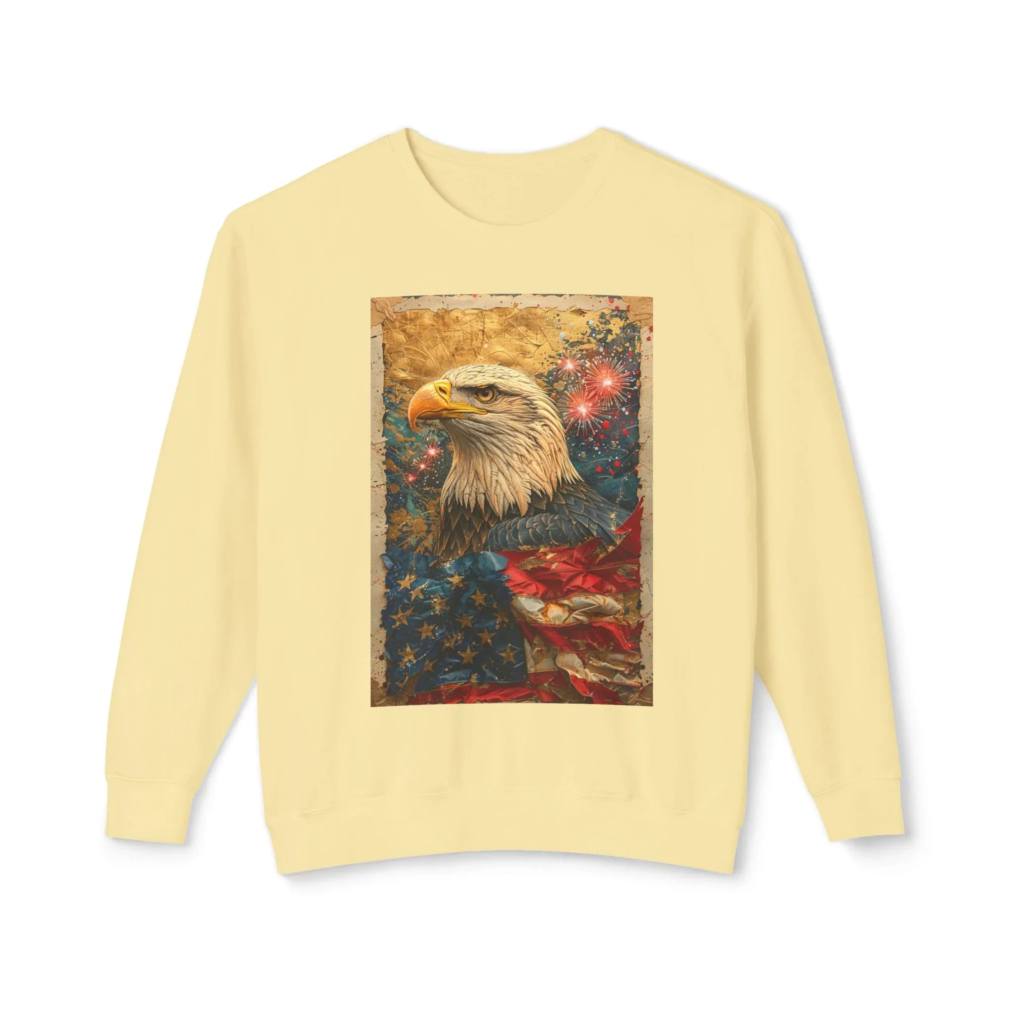 Triumphant Bald Eagle clutching American Flag Sweatshirt | Patriotic Fireworks Outline - 250 USA Celebration