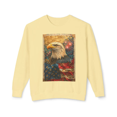 Triumphant Bald Eagle clutching American Flag Sweatshirt | Patriotic Fireworks Outline - 250 USA Celebration