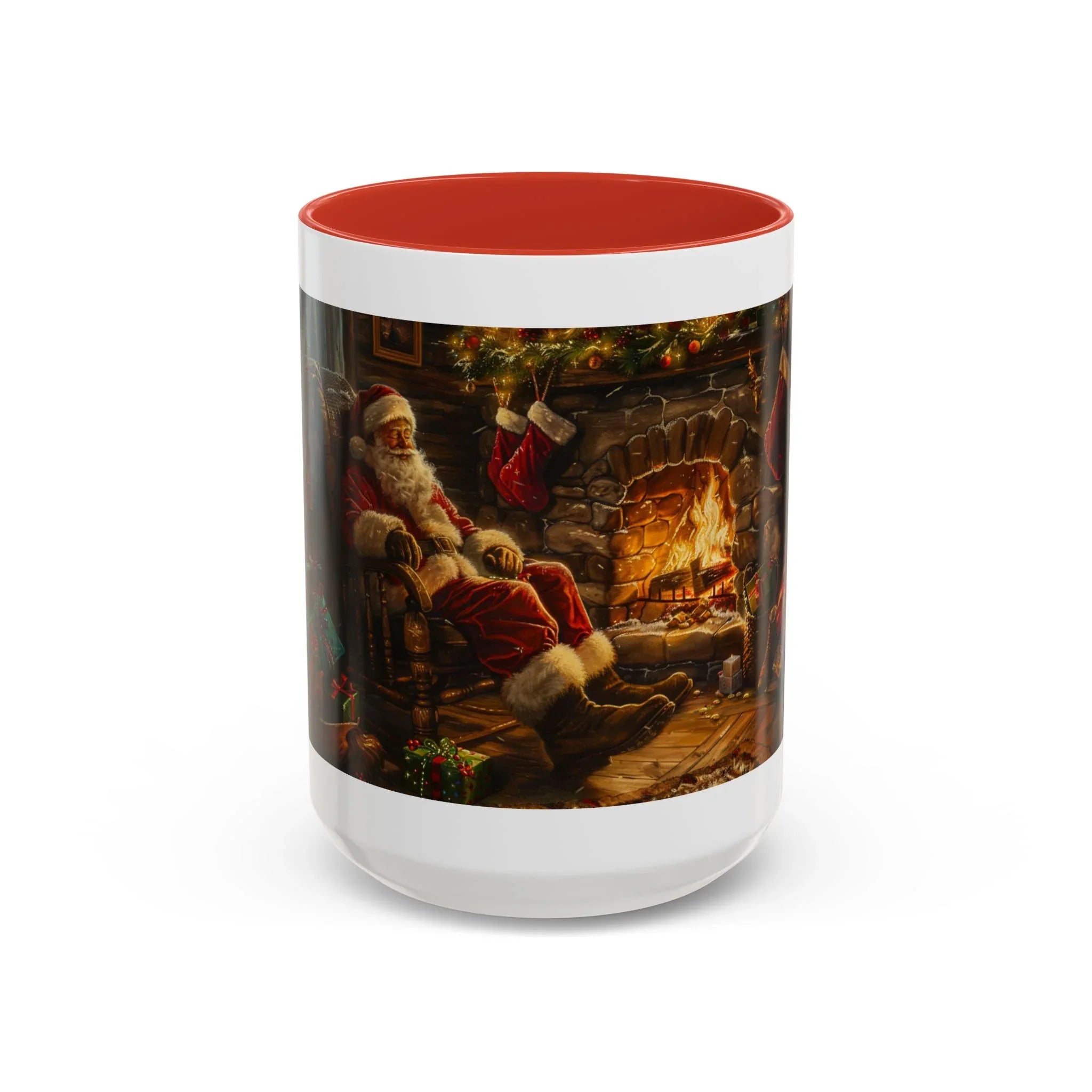 Santa Claus Fireplace Scene Accent Coffee Mug | Storybook Illustration, Rustic Cabin - 250 USA Celebration