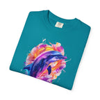 Colorful Watercolor Dolphin T-shirt | Vibrant Ocean Dolphin Tee Chrome Y2K Fantasy Dolphins & Butterflies T-Shirt | Airbrushed Liquid Metal - 250 USA Celebration
