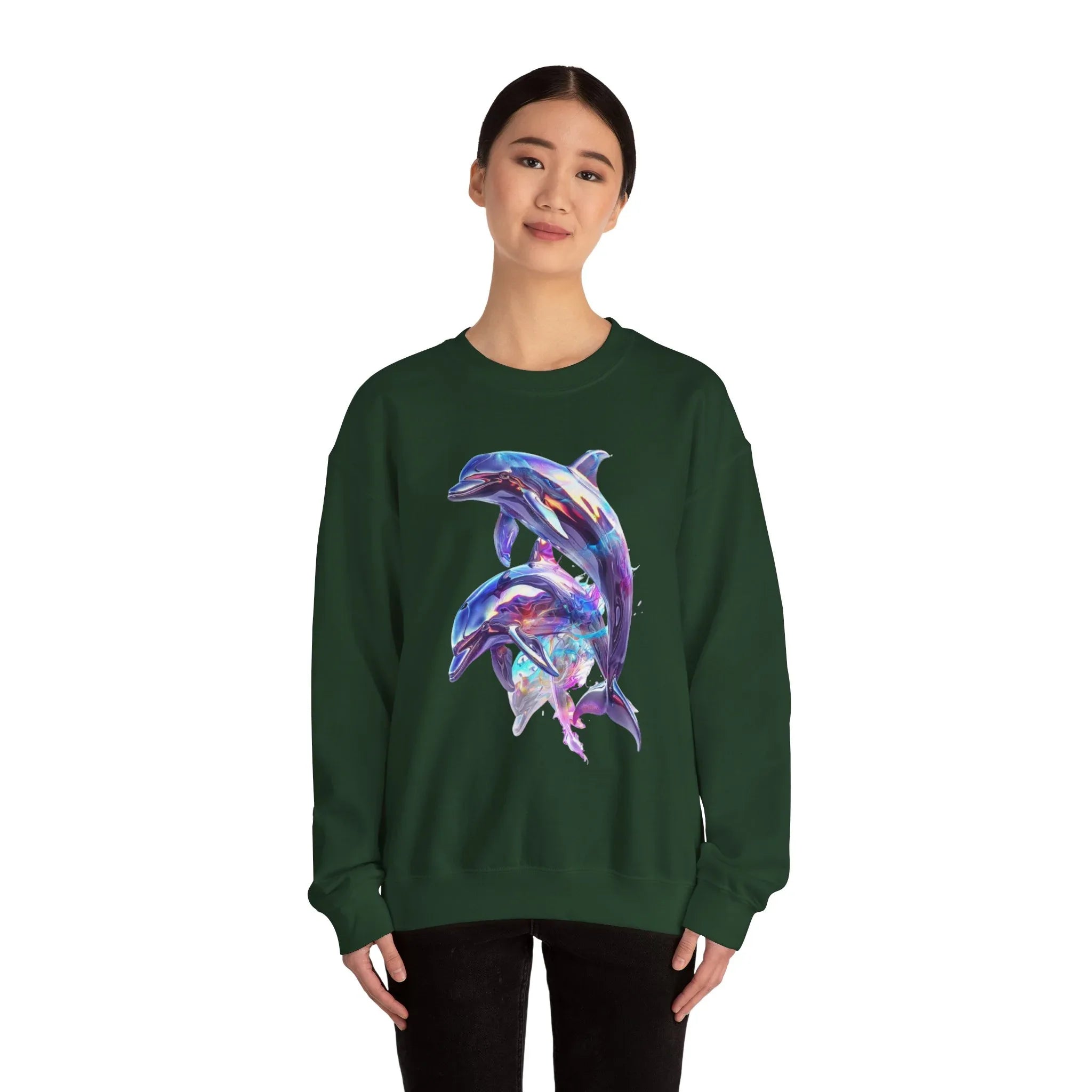 Iridescent Dolphin Trio Sweatshirt | Ocean Marine Animal Crewneck - 250 USA Celebration