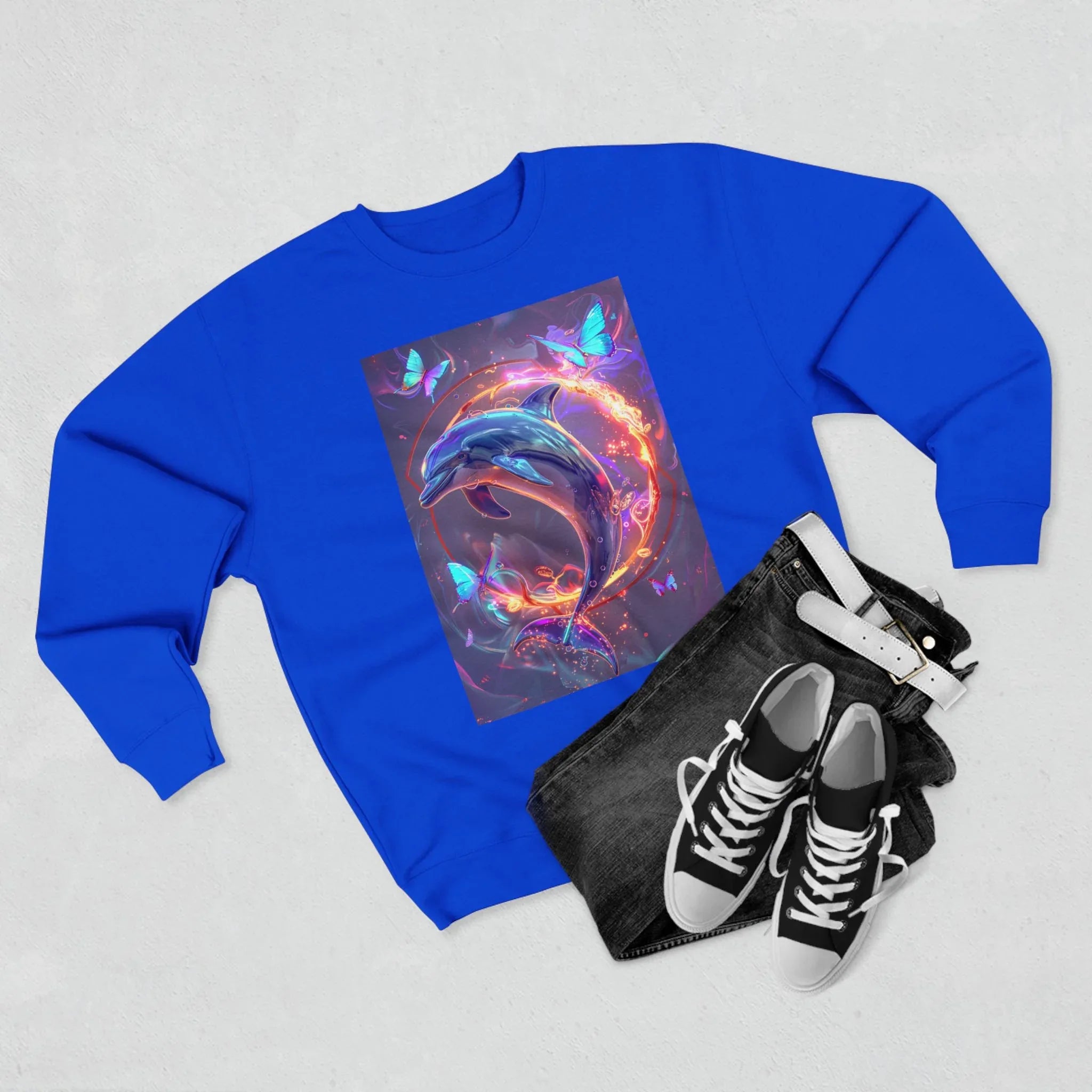 Neon Mystic Dolphin Ring sweatshirt | Glowing Butterflies, Fantasy Ocean Art - 250 USA Celebration