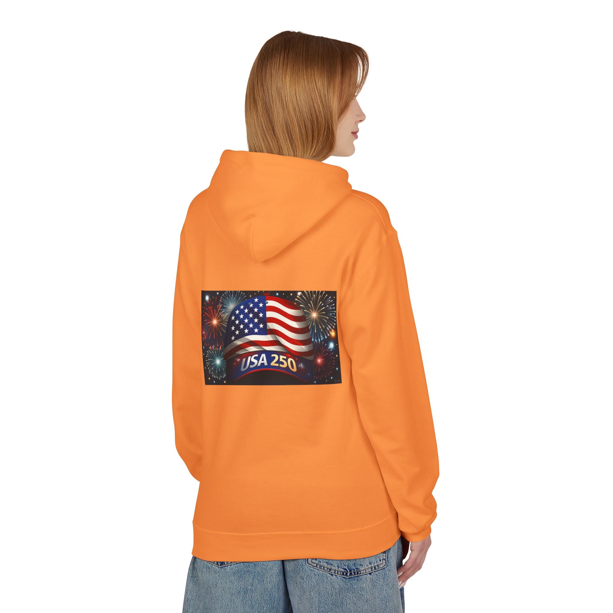 USA 250 Patriotic Hoodie with American Flag & Fireworks