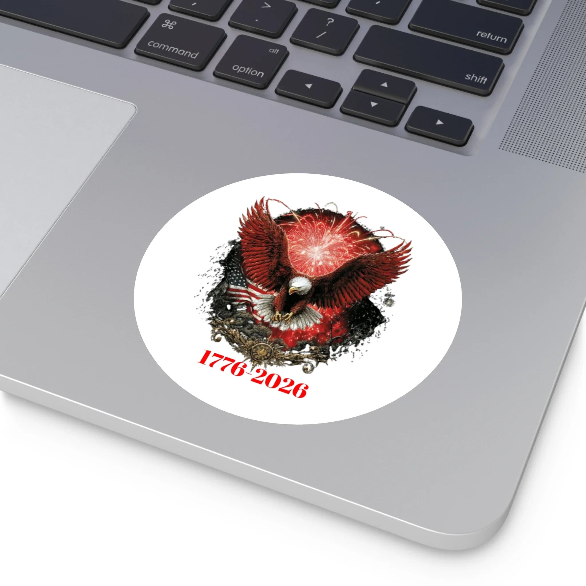 1776-2026 Eagle with Fireworks round sticker | Patriotic Sticker - 250 USA Celebration