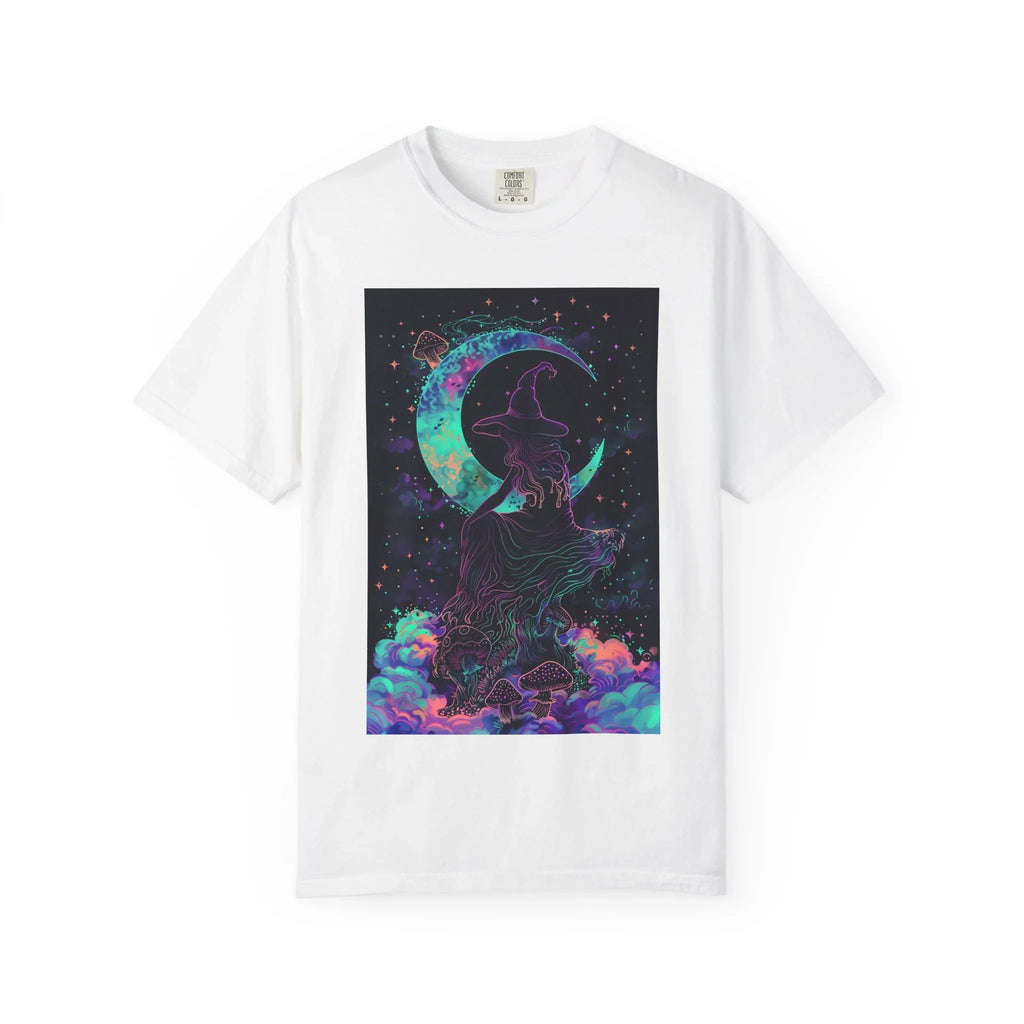 Mystical Crescent Moon Cat T-shirt | Neon Galaxy Witchy Night - 250 USA Celebration
