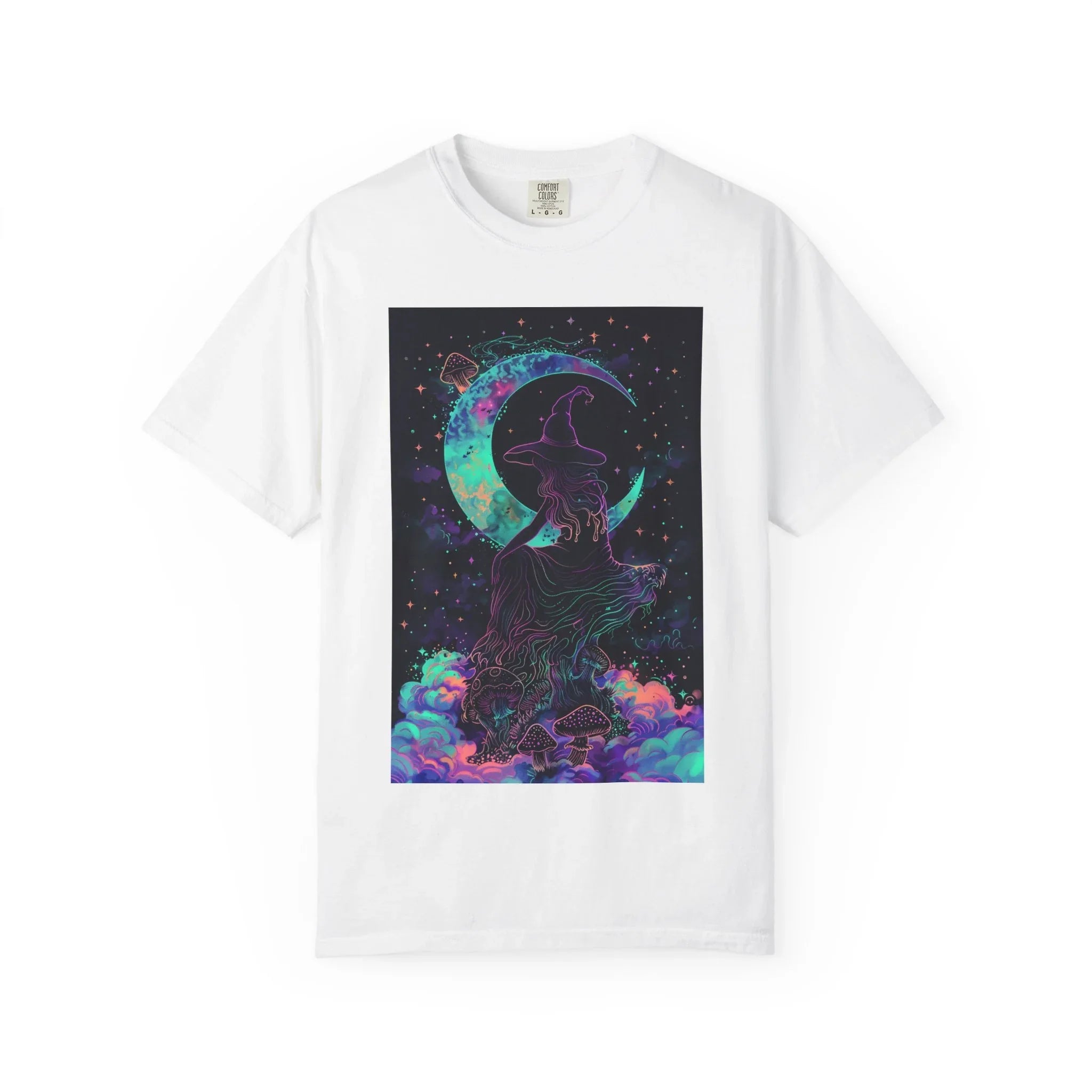 Mystical Crescent Moon Cat T-shirt | Neon Galaxy Witchy Night - 250 USA Celebration