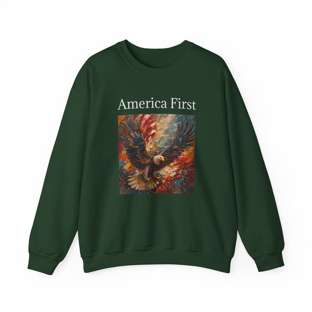 Patriotic Sweatshirt, American Eagle with America First Headline, USA Pullover Jumper, Fourth of July Gift, Political Statement Top, Unisex