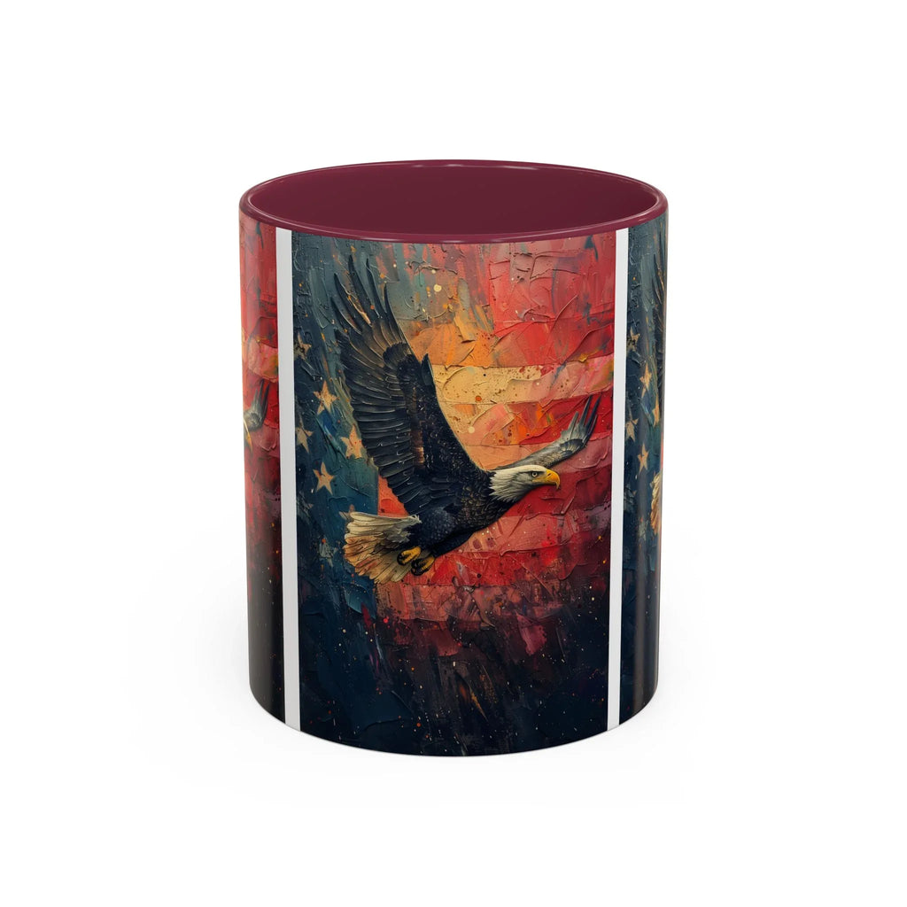 Colorful Mugs (11oz, 15oz) American Eagle Flying Coffee Cup, Patriotic American Eagle flying with American Flag in background - 250 USA Celebration